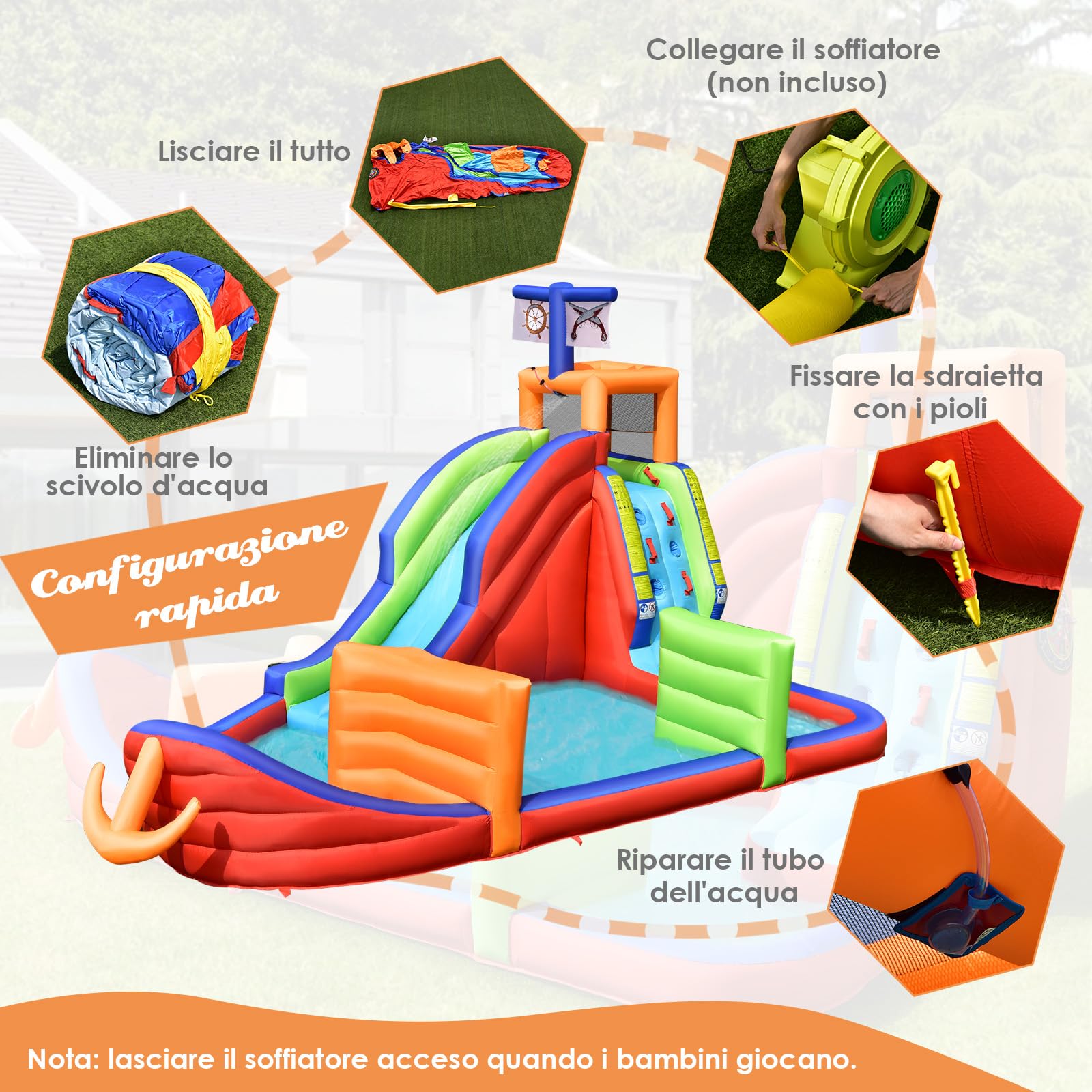 COSTWAY Castello Gonfiabile per Bambini 6 in 1, con Scivolo, Parete per Arrampicarsi, Piscina, Freccette, Gioco di Lancio, Pistole Acquatiche e Borsa, Ideale per 3 Bambini con Età 3-10 Anni