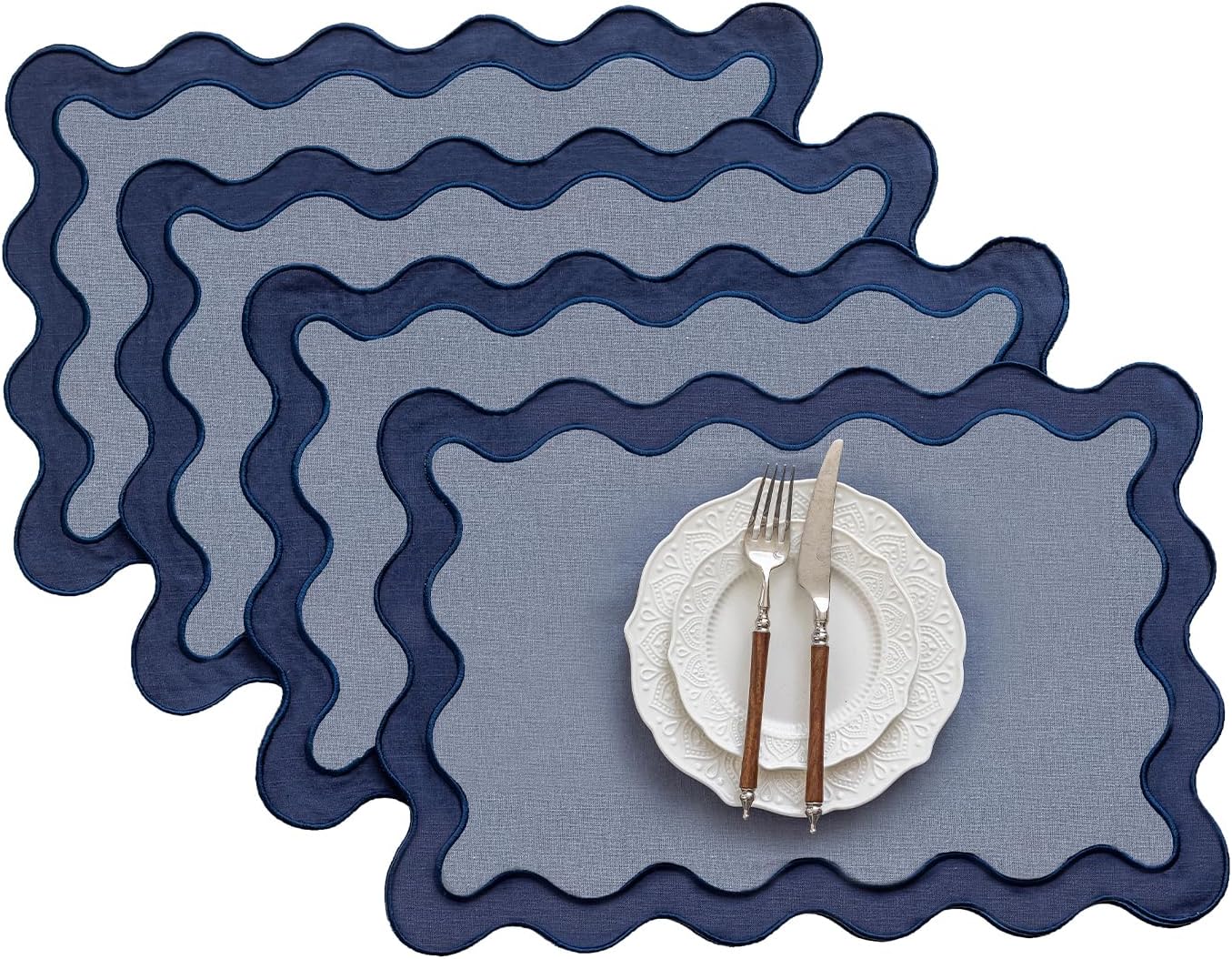 Set of 4,13"x19" Cotton Table Placemats with Wavy Edge, Machine Washable Table Mats for Dining Table, Boho Scalloped Embroidered Placemats for Restaurant Kitchen, Table Decor(Dusty Blue)