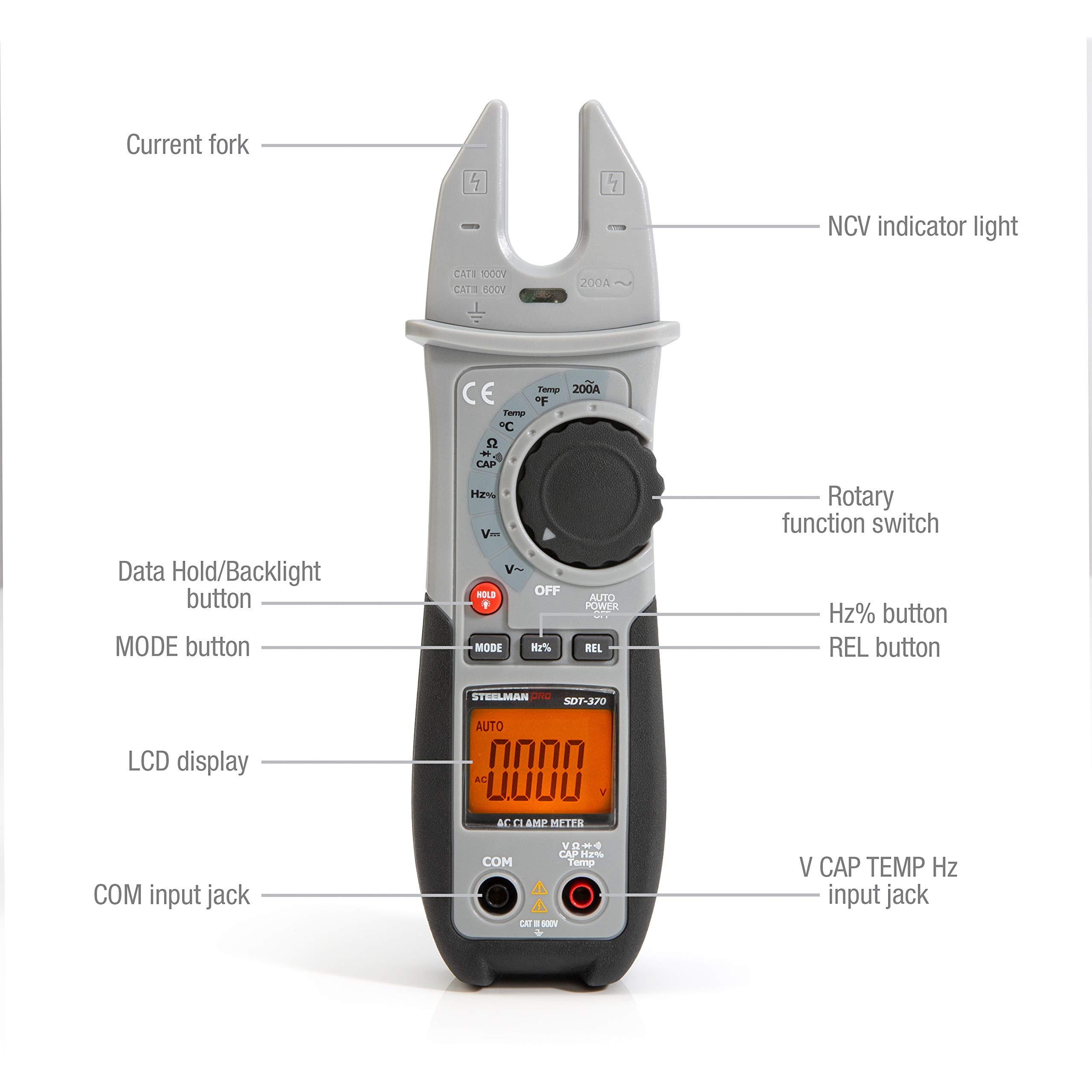 Steelman Pro600-Volt/200-Ampere Heavy-Duty True-RMS Open Jaw Clamp Meter Tool for Automotive and Construction, Auto Range AC/DC Multimeter, Non-Contact Voltage Indicator, K-Type Thermocouple