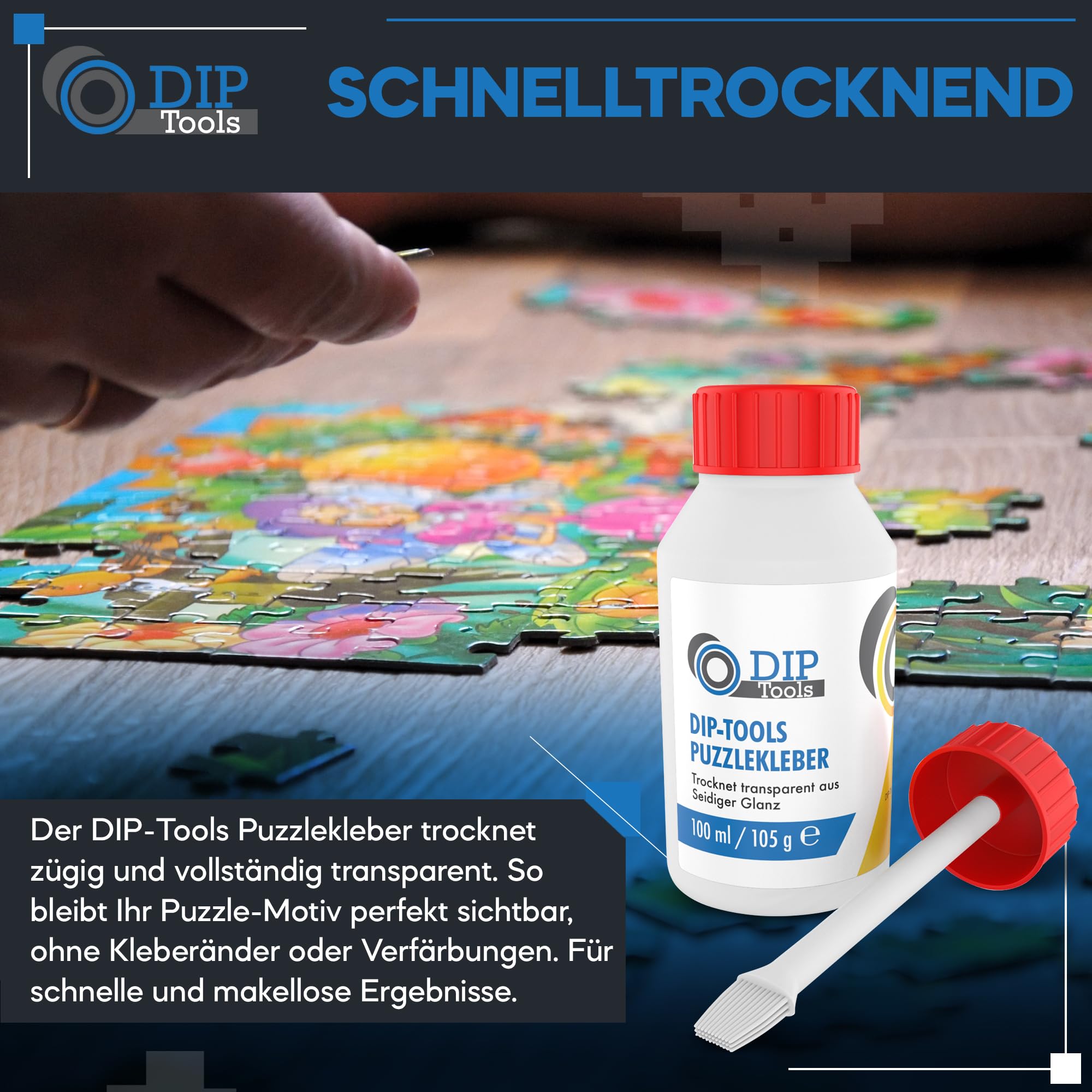 DIP-Tools Puzzellijm, 100 ml, transparant en sneldrogend, voor het bevestigen en lijmen van puzzels, duurzame en glanzende grip, om neer te zetten of DIP-Tools Puzzellijm, 100 ml, transparant en sneldrogend, voor het bevestigen en lijmen van puzzels, duurzame en glanzende grip, om neer te zetten of