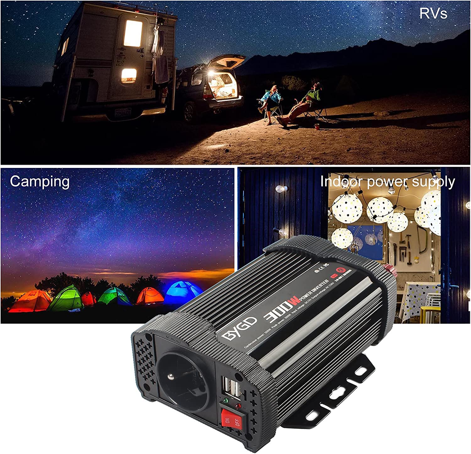 BYGD 300W Convertisseur 12v 220v, Convertisseur Allume Cigare Prise Electrique, Transformateur 12v 220v avec 1 Prise française et 2 Ports USB.