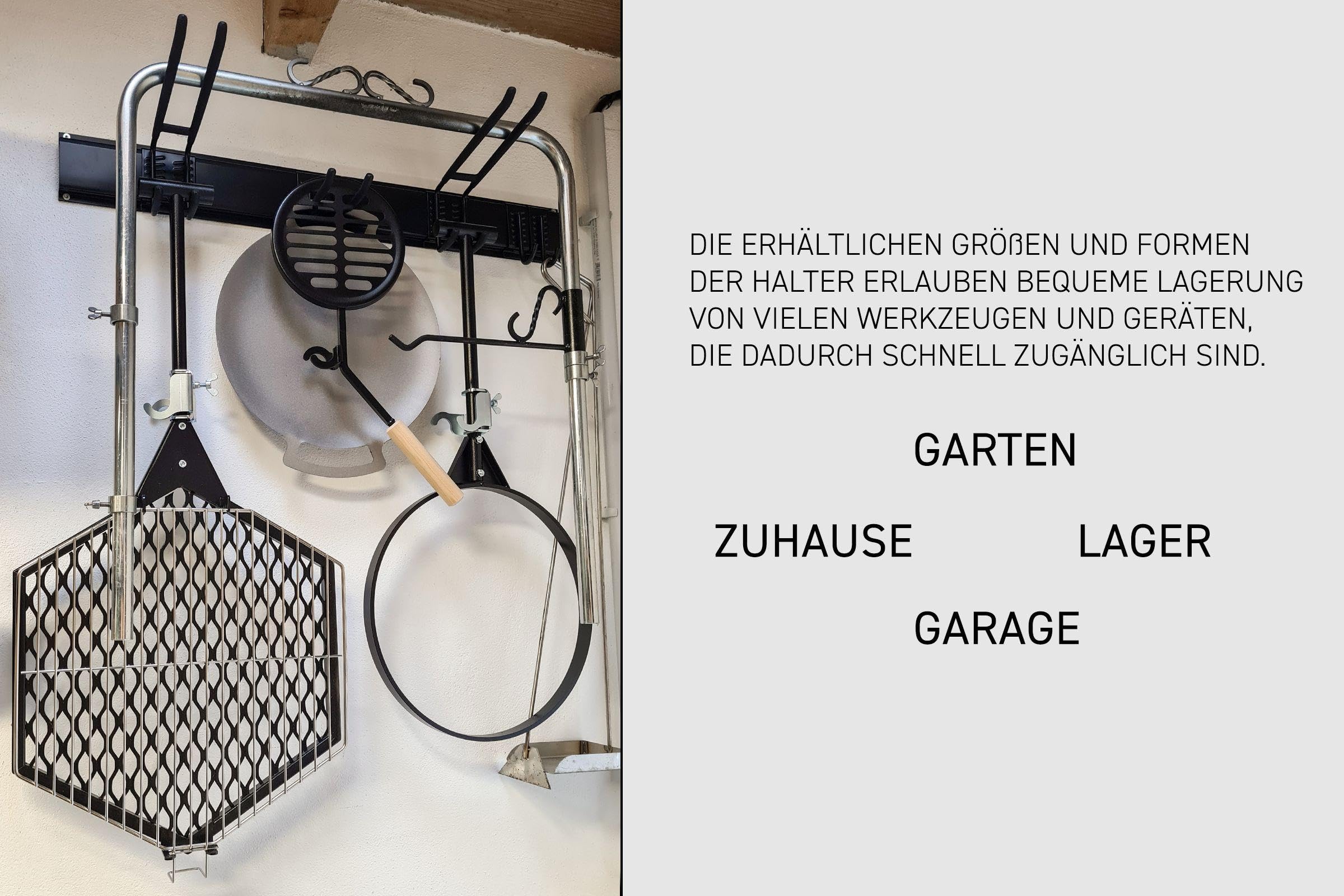 36 teiliges Gerätehalterung Set bestehend aus 3 Stahl Schienen + 7 Halter + 2 Nylonklettschlaufen und Befestigungsmaterial - Stahlblech schwarz lackiert mit gummierten Halterarmen
