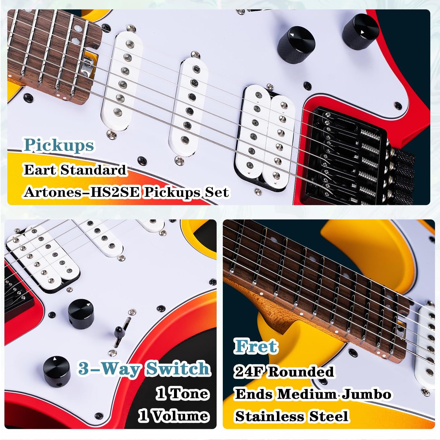 EART GW2P-SE Headless Electric Guitar, Solid Electric Guitar,Carbon-Roasted Hard Maple Neck Fully Adjustable Bridge, Satin Finish