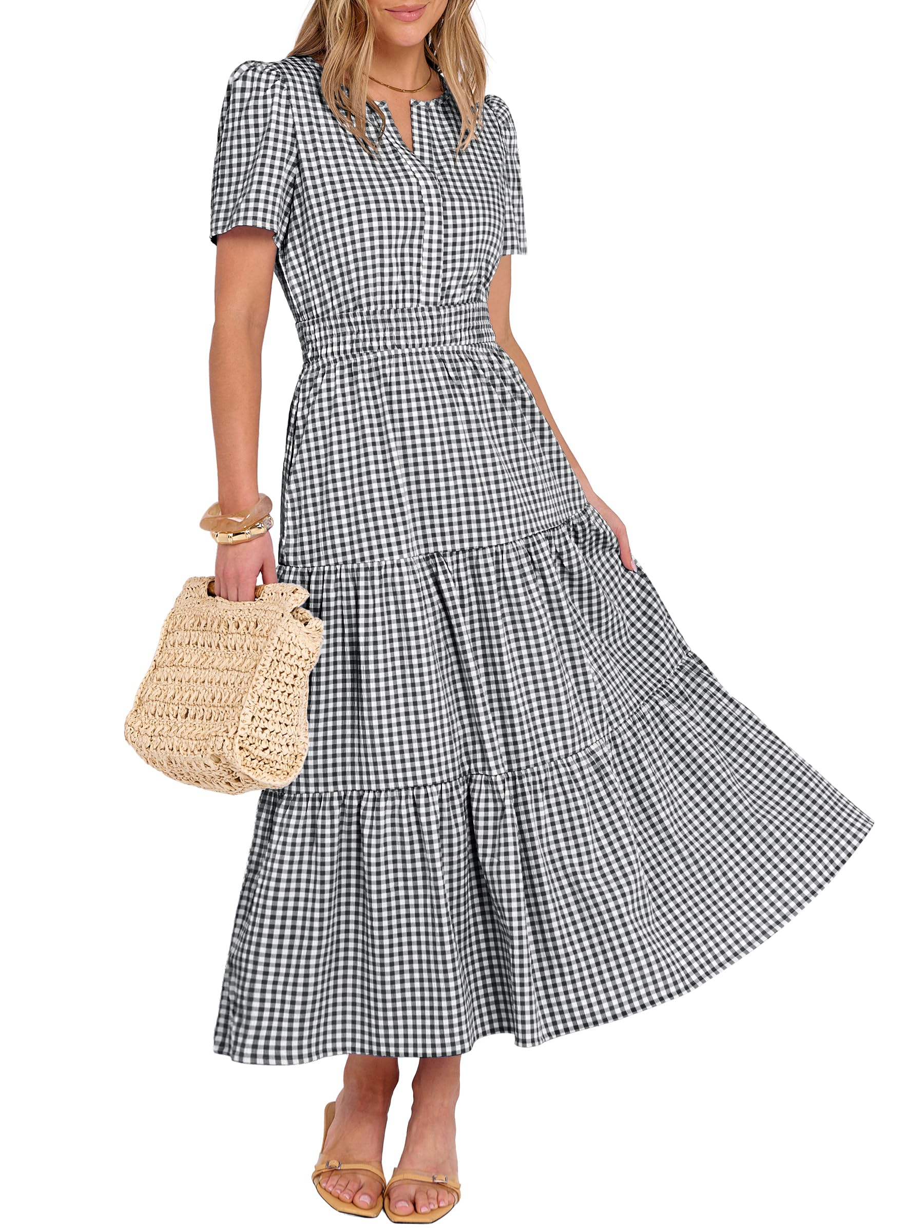 Caracilia Women's Summer Short Sleeve V-Neck Maxi Dress, Gingham & Striped Fabric, Casual A-Line Dress for Beach & Vacation