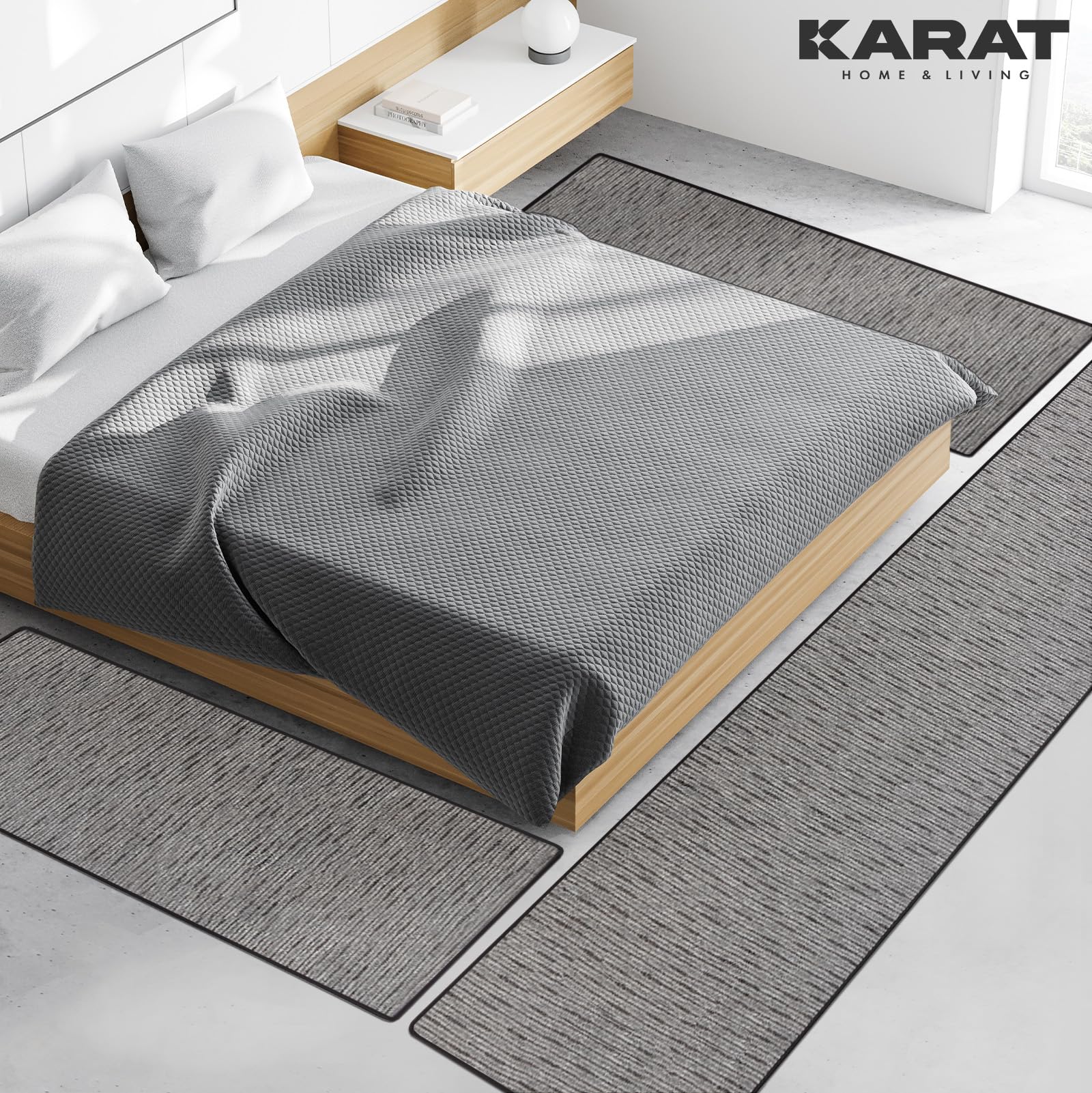 KARAT Tappeto per Letto - Set di 3 Pezzi - Moderna Cornice per Letto in Antracite - Tappeto per Camera da Letto e Soggiorno - Soffice Tappeto Geneva (L: 67 cm | L: 1 x 330 cm + 2 x 130 cm)
