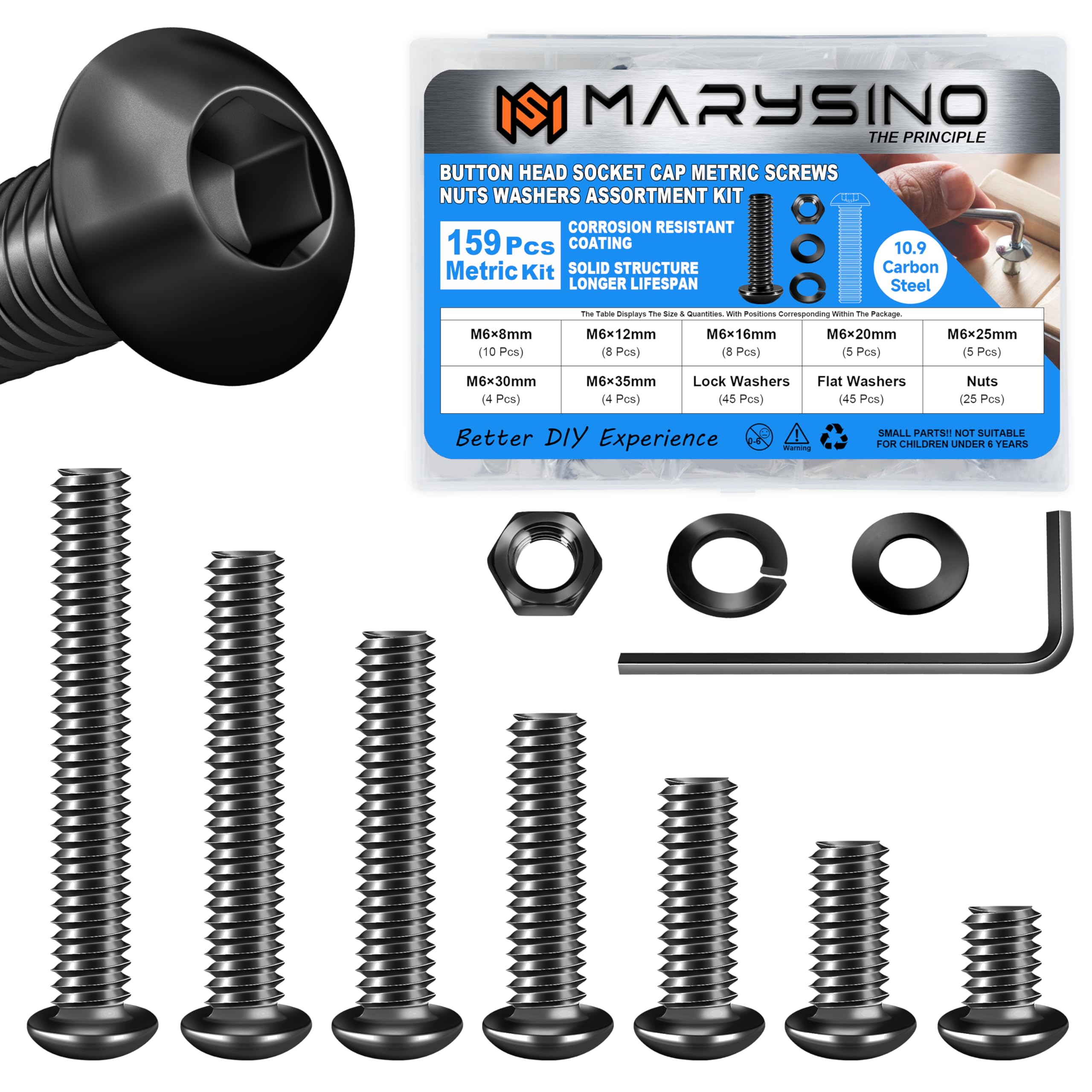 159 Pieces M6 Screw, Button Head Socket Cap Metric Screws Assortment Kit, Grade 10.9 Carbon Steel M6 Bolts and Washers/Nuts/Hex Wrenches, Black Oxided