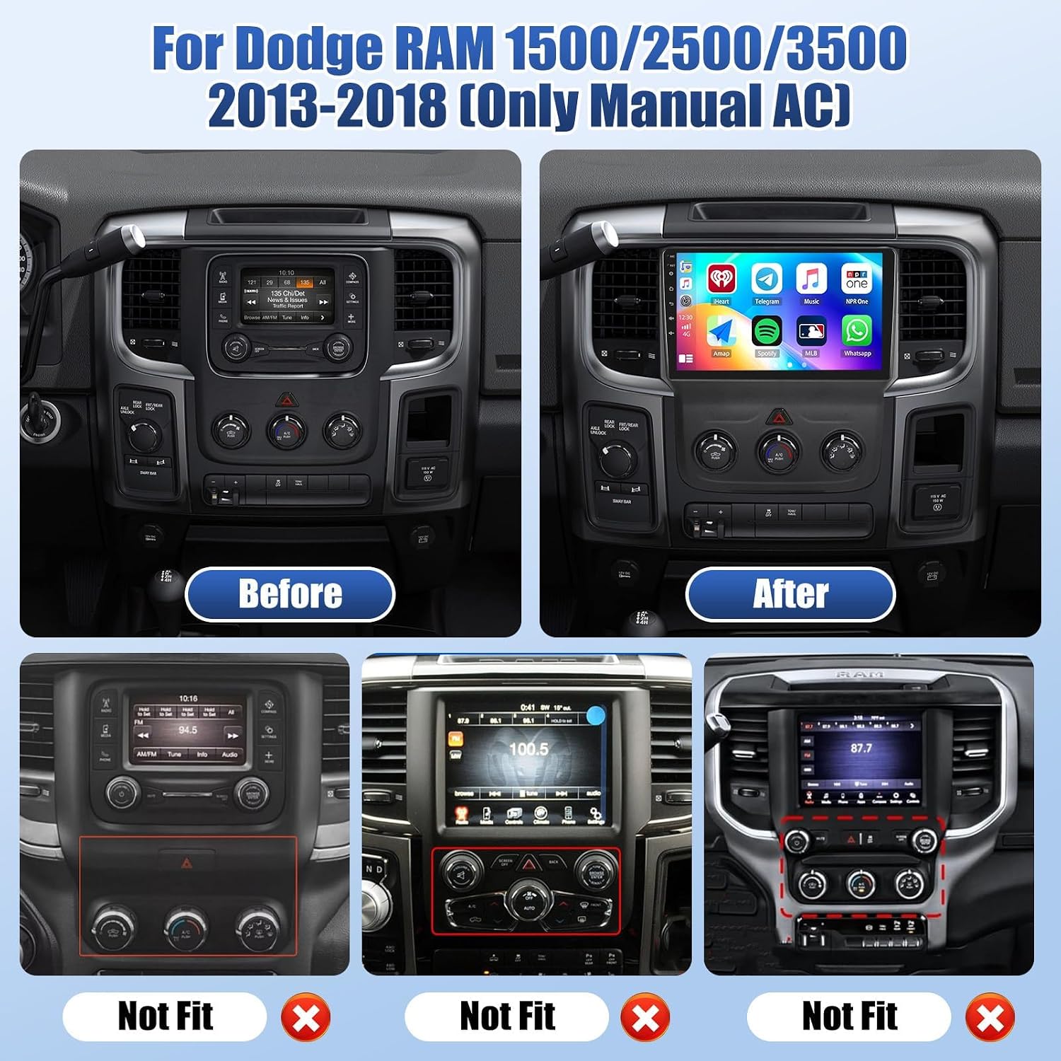 SIXTOP [8 Core 4G+64G] Car Radio for Dodge RAM 1500 2500 3500 2013-2018 Wireless CarPlay Android Auto AHD 1080P Backup Camera 9 inch HD Touchscreen Android 15 WiFi GPS Bluetooth 5.0, FM/RDS, DSP, SWC image 2