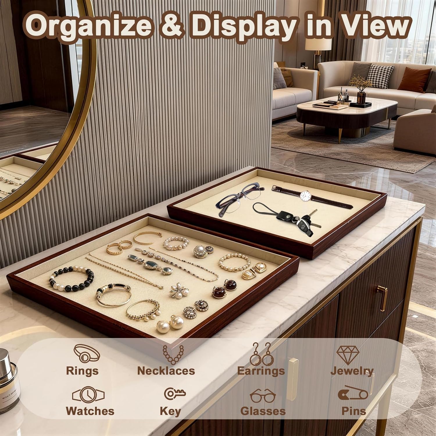 Large Solid Wood Jewelry Watch Tray, Velvet Jewelry Board Display Trays for Key Wallet Ring，Stackable Wooden Jewelry Drawer Organizer Showcase Jewelry Holder(Beige)