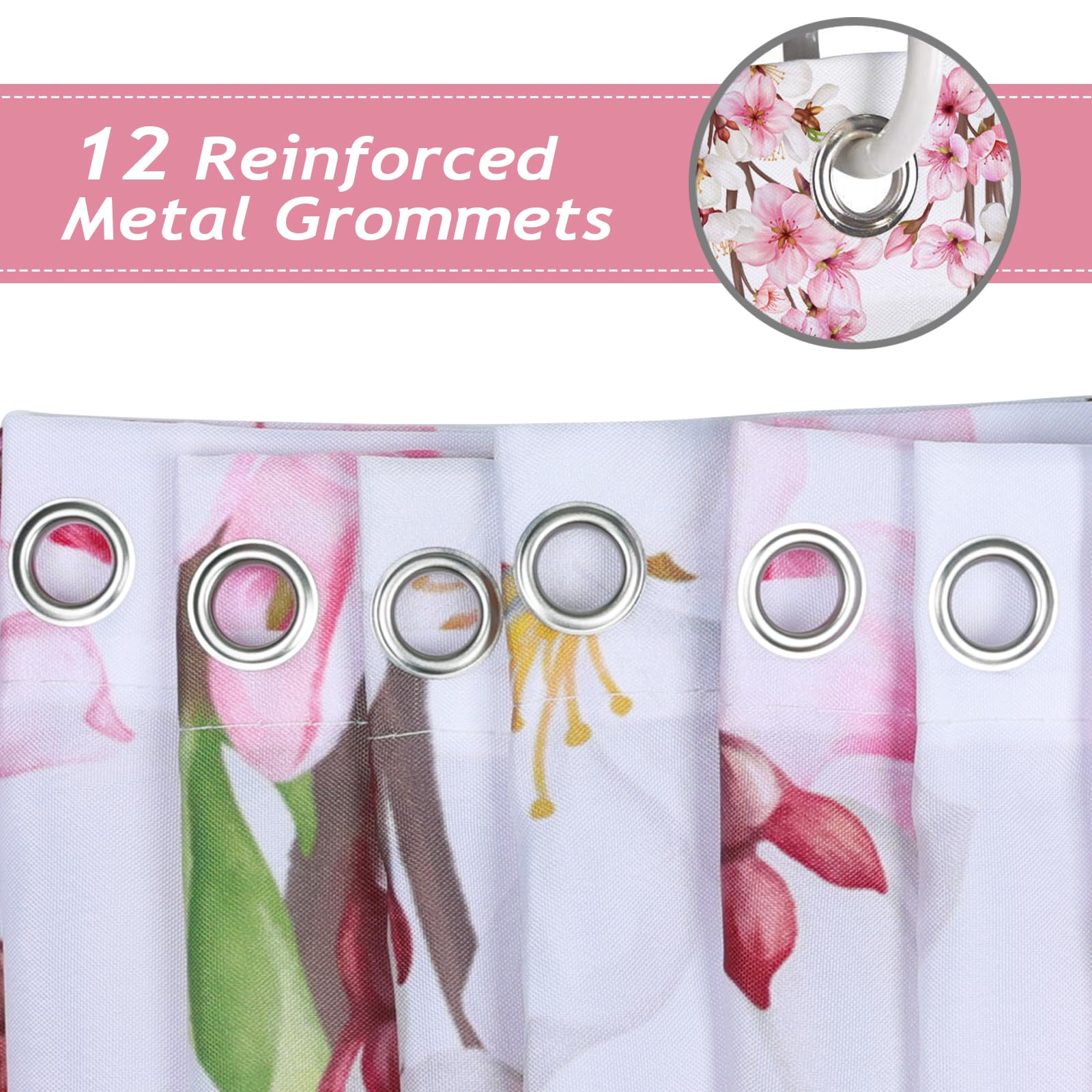 Bonhause Pink Cherry Blossom Shower Curtain Japanese Sakura Floral Spring Bathroom Curtain 180 x 180 cm Waterproof Mildew & Mould Resistant Polyester Fabric Bath Curtain with 12 Hooks - Image 4