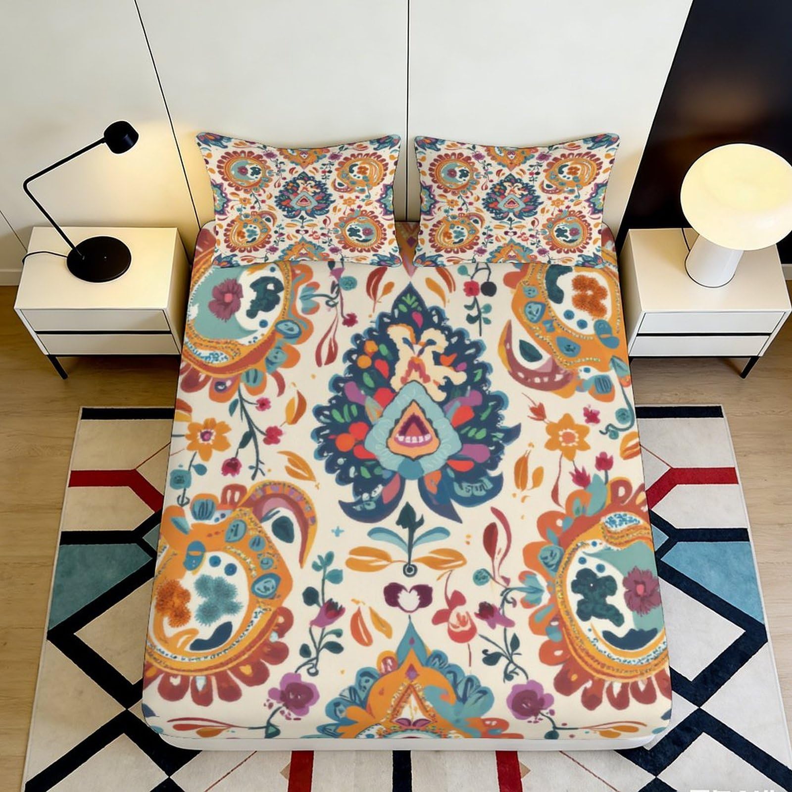 3D Printed Boho Mandala Fitted Sheet Microfiber Soft Floral Paisley Bed Cover for Bedroom Guest Room Decor 90x200x25cm