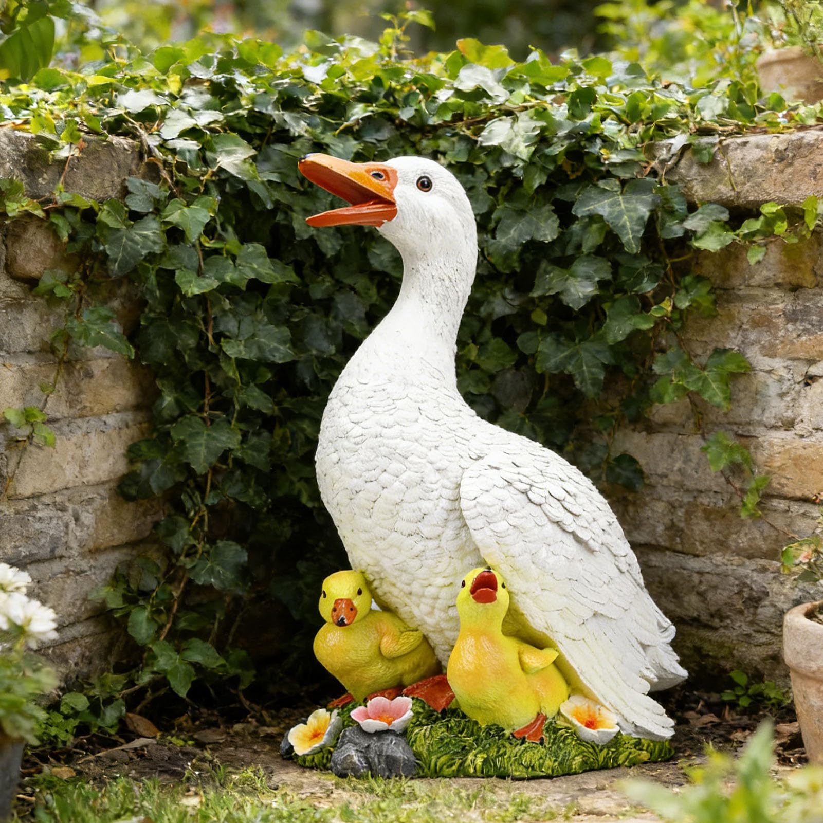 Fockety Figurka z żywicy Kaczka Matka z Kaczętami, Ozdoba do Ogrodu, | Ręcznie malowana figurka krzyżówki, odporna na warunki atmosferyczne rzeźba ogrodowa na trawnik na patio, 12,6x15x8,5 cala