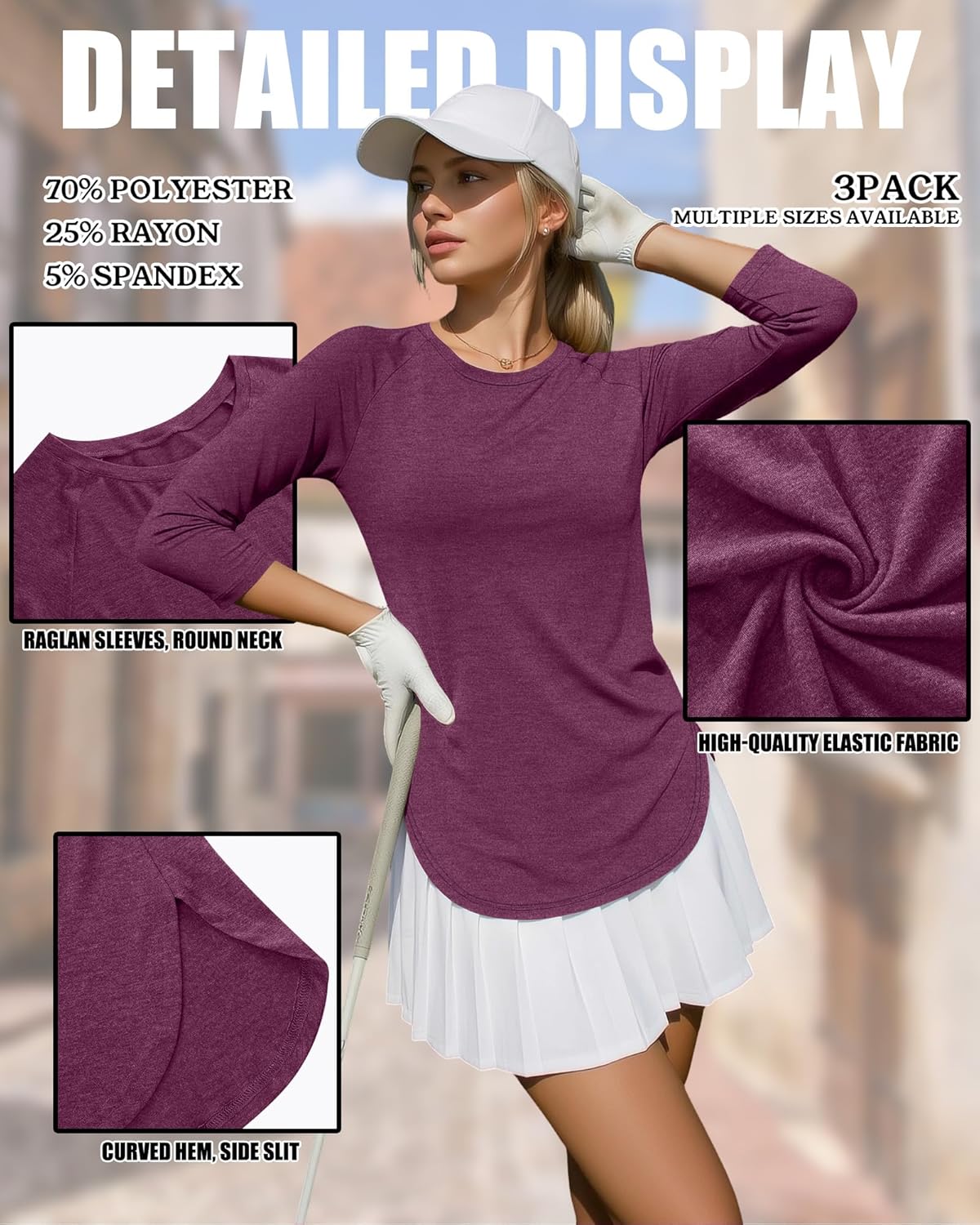 Ficerd 3 Pack 3/4 Sleeve Tops for Women Crew Neck Raglan Sleeve Basics Tees Loose Fit Casual Top Curved Hem Tunic T Shirt