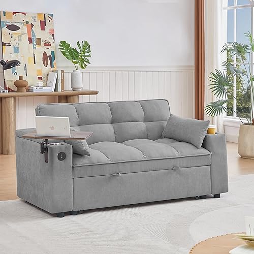 Eafurn 3 in 1 Convertible Sleeper Sofa Pull Out Couch Bed, 65" Oversized Padded Futon Loveseat Recliner Daybed w/Reclining Backrest,Storage Armrest,USB Port, Side Table