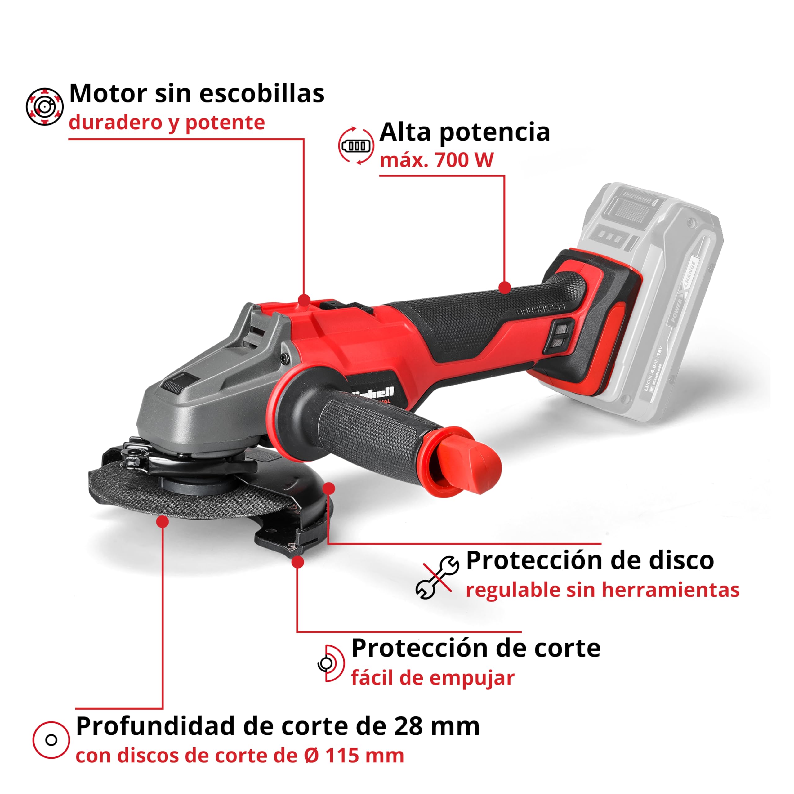 Einhell Amoladora angular con batería AXXIO 18/115 Power X-Change (18 V, 18 V, diámetro de corte de Ø 115 mm, profundidad de corte de 28 mm, sin escobillas, sin disco de corte, sin batería) | 18 V | 700 W | Ø 115 mm | profundidad de corte de 28 mm | sin e