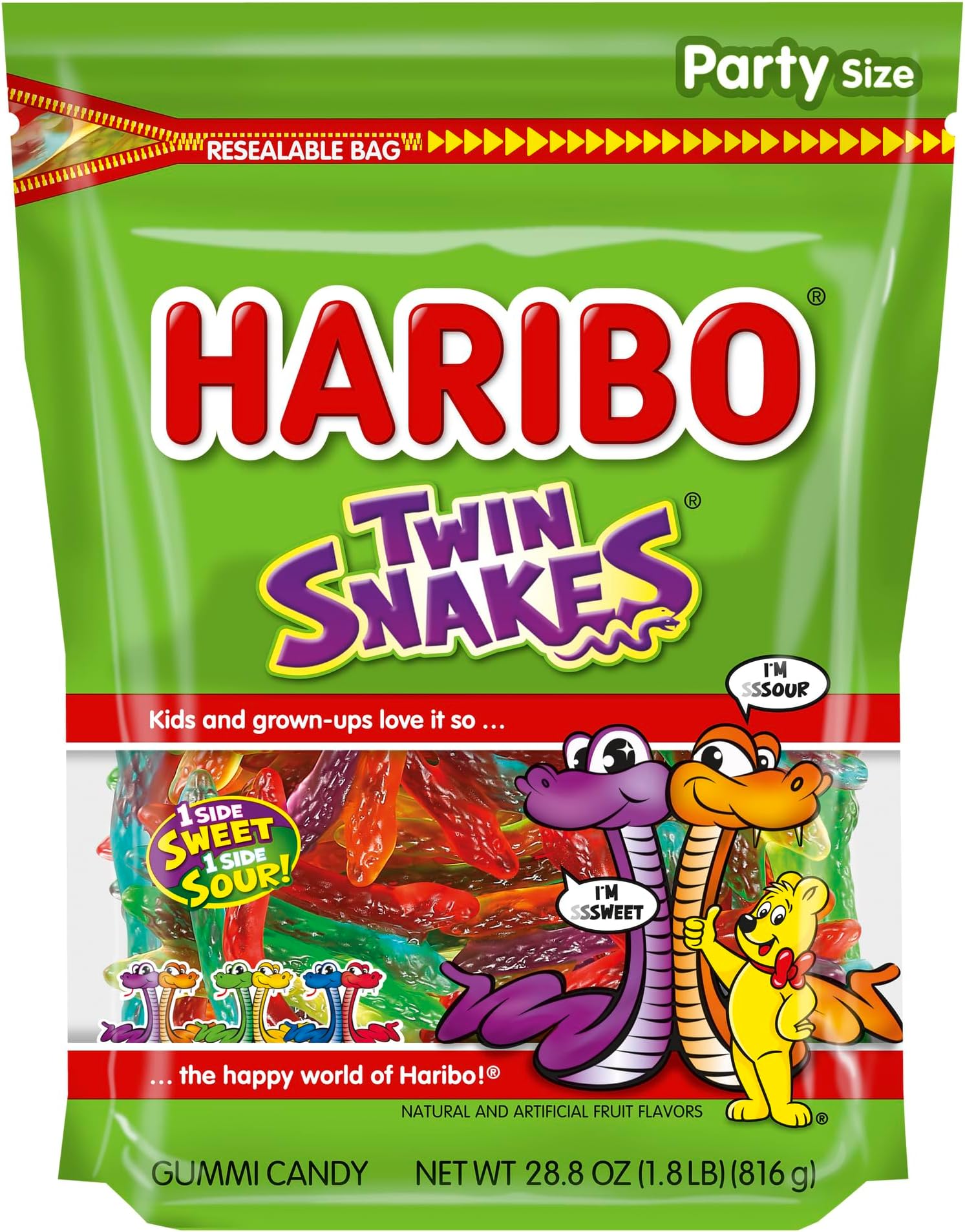 HARIBO Gummi Candy, Twin Snakes Sweet & Sour Gummy Candy, 28.8 Ounce Resealable Party Size Stand Up Bag, Soft & Chewy Snacks, Assorted Fruity Flavors