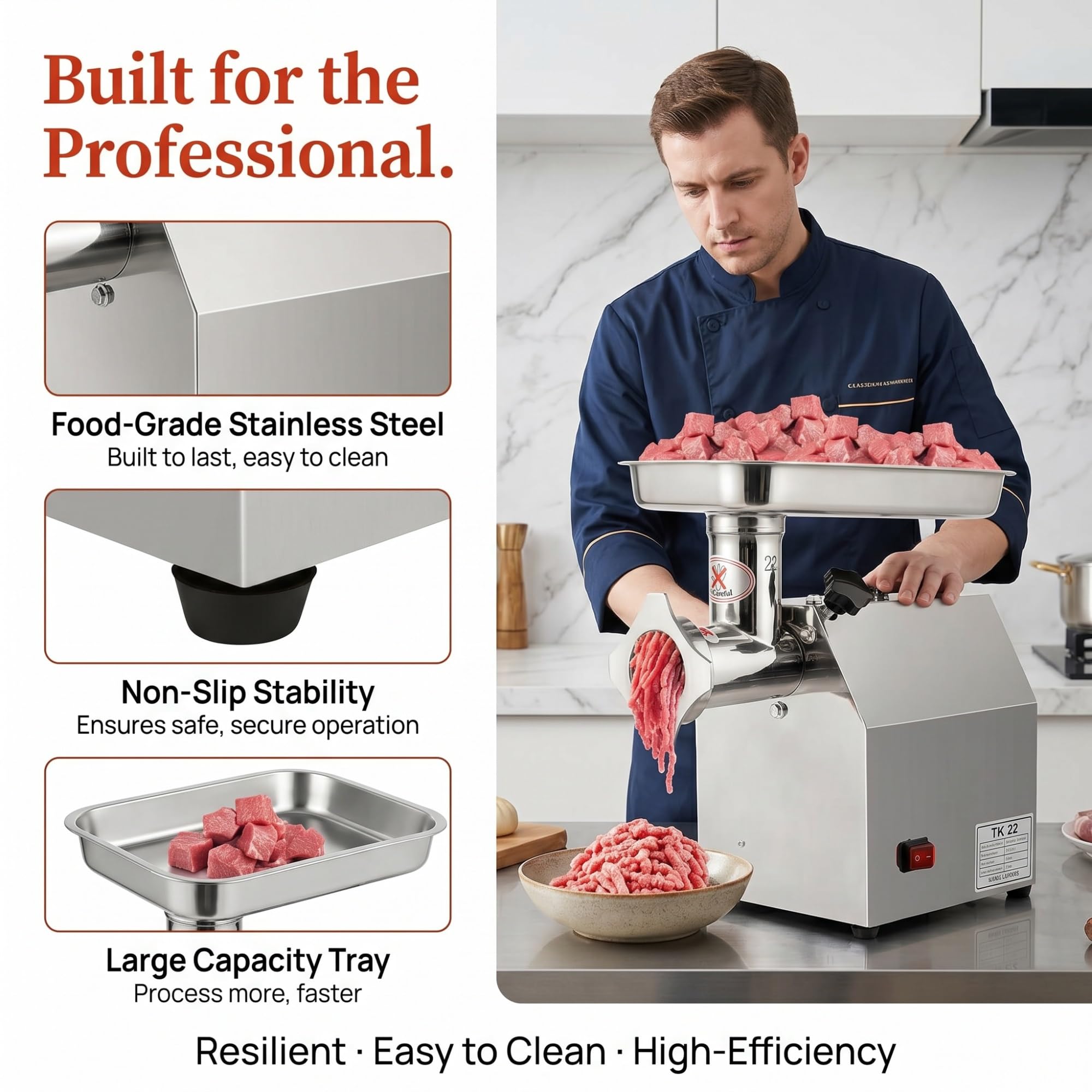 Molinillo de carne eléctrico comercial – Picadora de alimentos de acero inoxidable de 220 kg/h con relleno de salchichas y dos placas de molienda, motor de cobre resistente para uso en cocina y