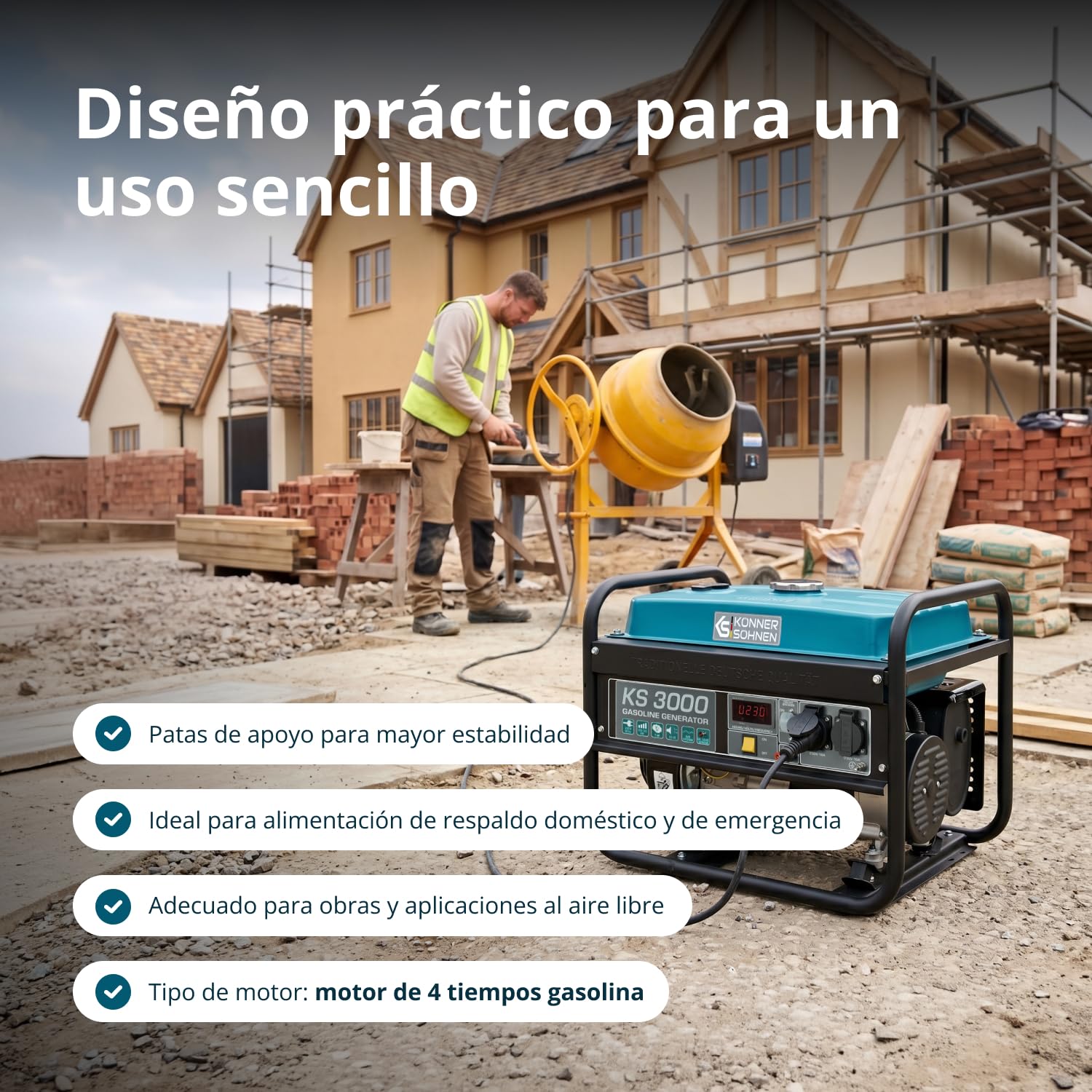 Könner & Söhner Generador de gasolina KS 3000, grupo electrogeno 3000W, 2x16 A (230 V),12 V, generador electrico con (AVR), indicador aceite, protección ante sobrecarga, pantalla