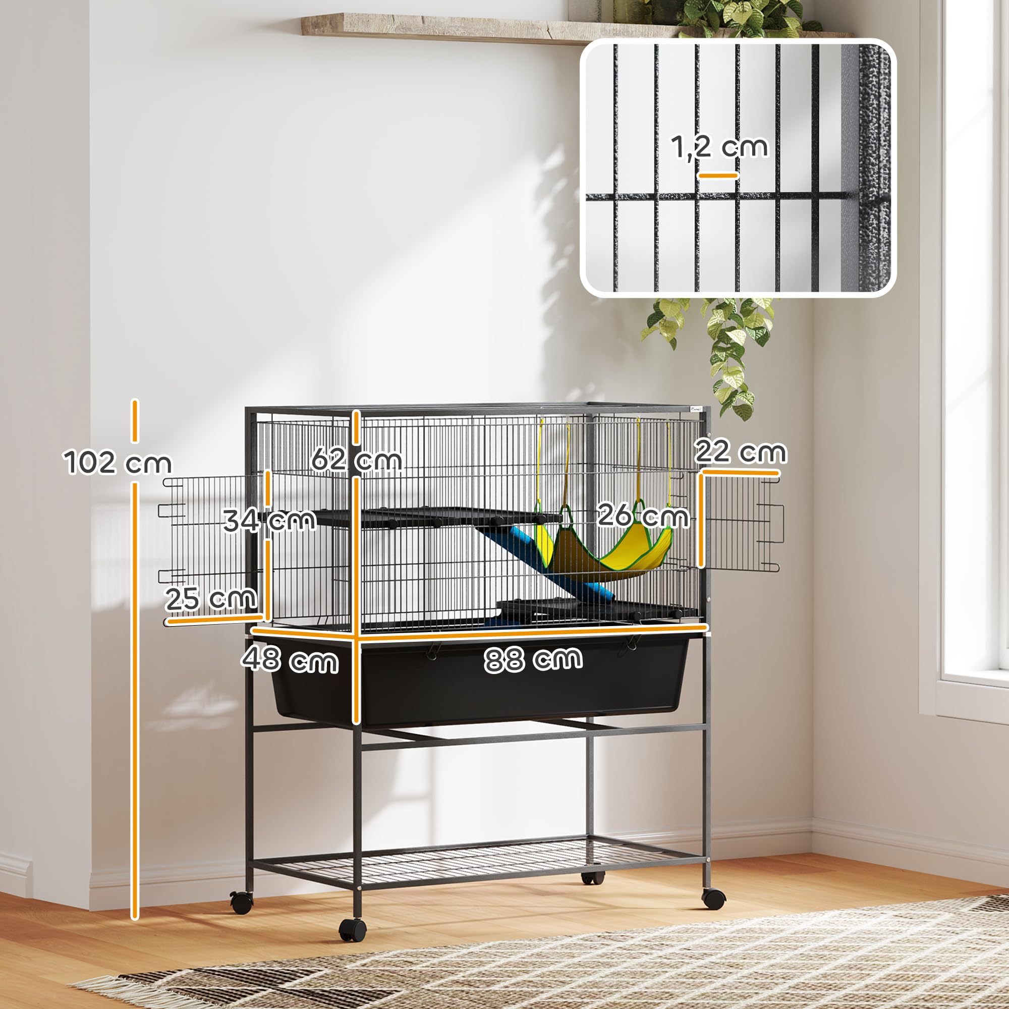 PawHut Jaula Grande para Hurones de 3 Niveles Jaula para Conejos con Ruedas Rampas Hamaca y Bandeja Extraíble Jaula para Animales Pequeños Roedores Chinchillas 88x48x102 cm Gris Oscuro