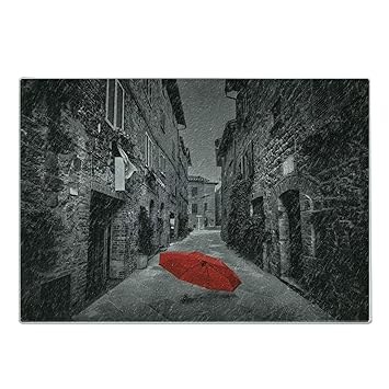 Ambesonne Black and White Cutting Board, Red Umbrella on a Dark Narrow Street in Tuscany Italy Rainy Winter, Decorative Tempered Glass Cutting and Serving Board, Large Size, Light Brown