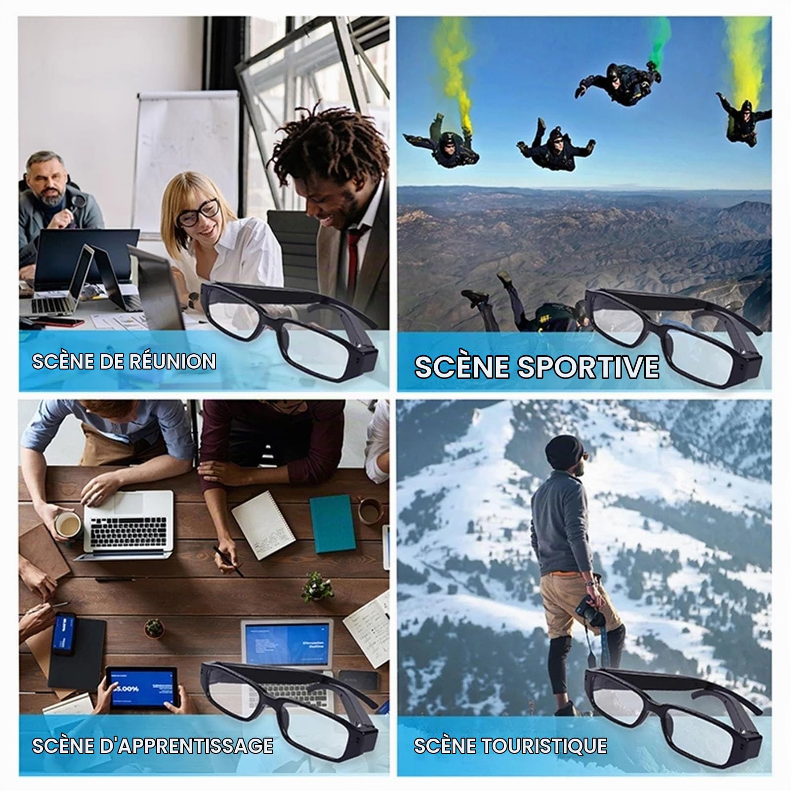 Lunettes avec Caméra, Enregistrement Vidéo HD 1080P, Stabilisateur d'image Intelligent, Objectif Grand Angle, Lunettes Portables pour Voyages, Cyclisme, Conduite Sports