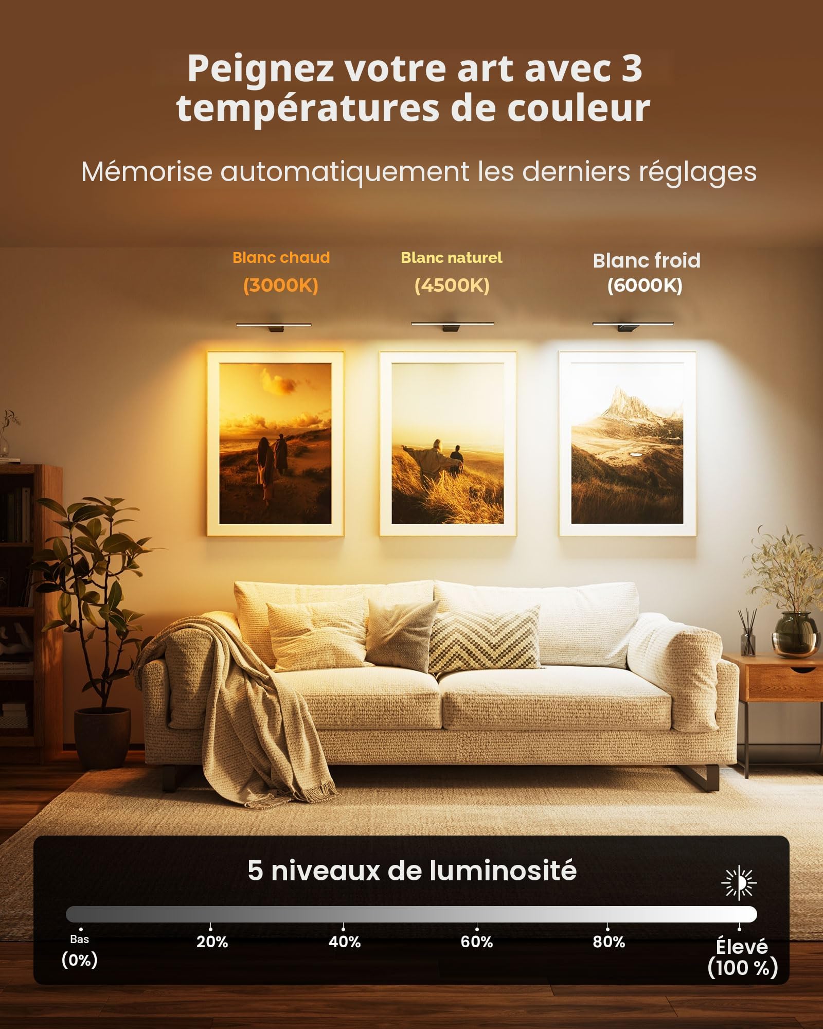 PopoIron Applique pour Tableau sans Fil Rechargeable, Lampe avec Télécommande, Batterie 12000mAh, 3 Couleurs & 5 Luminosités, Éclairage d'Art Orientable pour Cadre, Salon, Chambre, Noir, 1 Pièce
