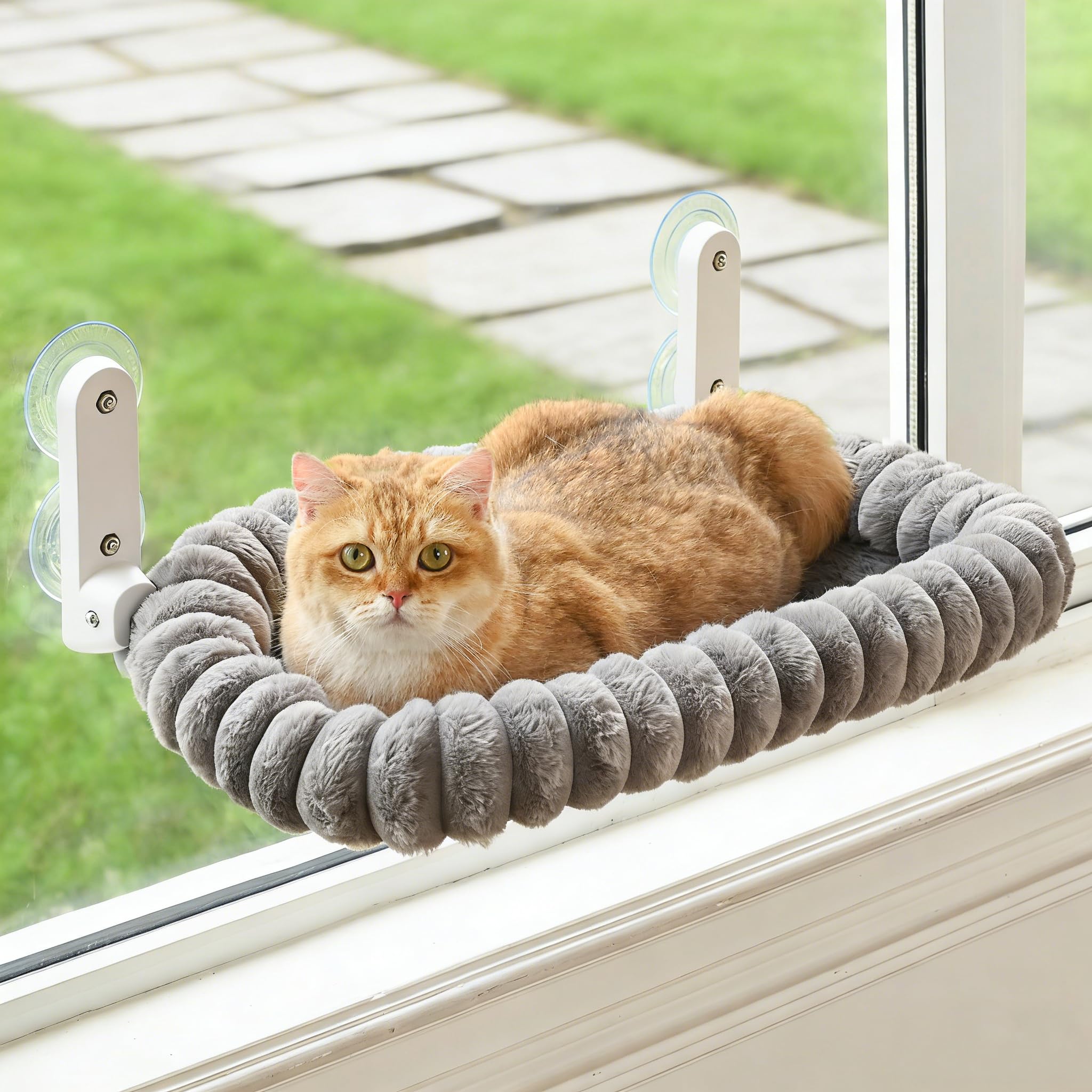 Zoratoo Cat Window Perch with Bolster, Cordless Foldable Cat Window Hammock with Strong Suction Cups & Metal Frame, Machine Washable Pet Bed for Indoor Cats (Gray, Medium)