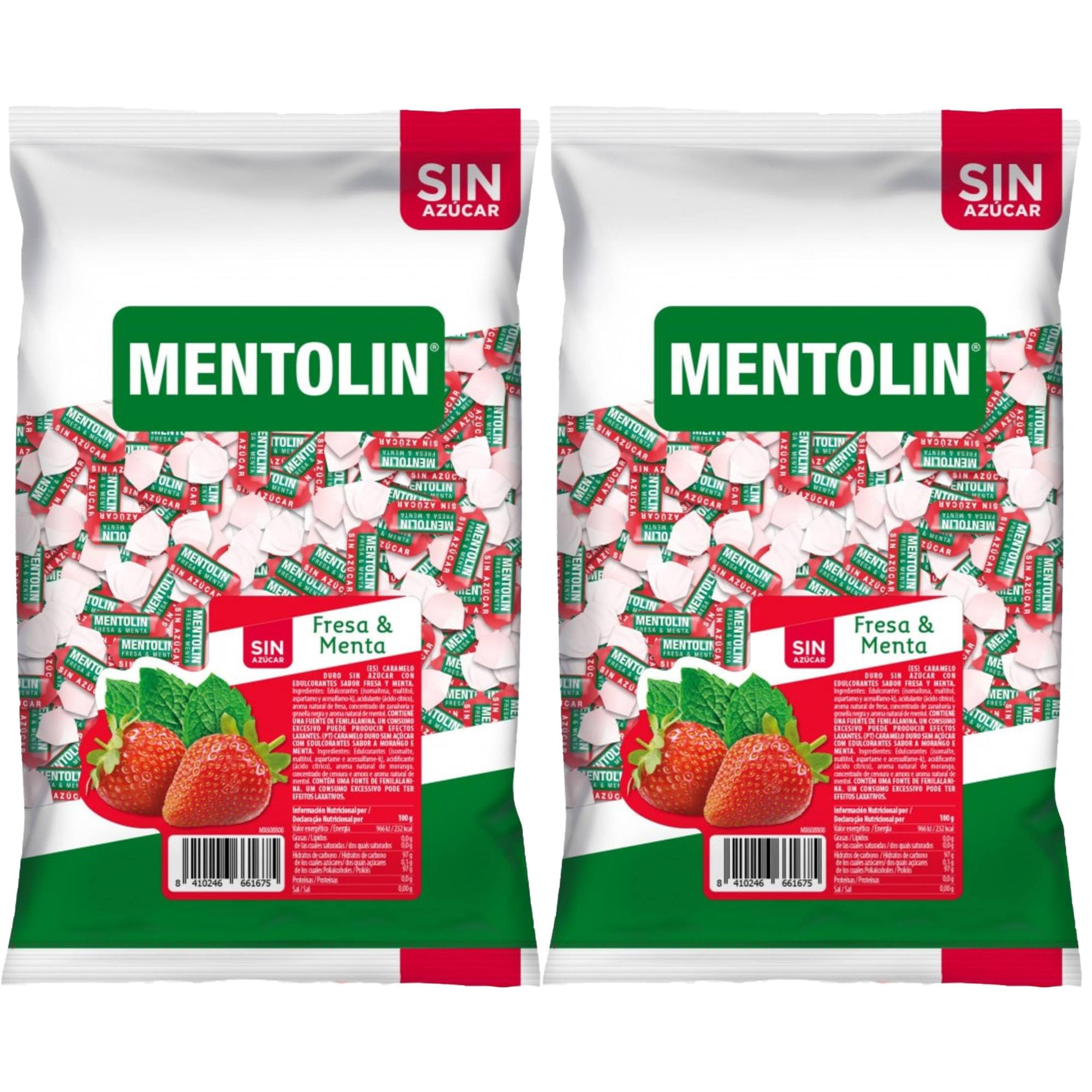 MENTOLÍN pack de 2 kg de caramelos duros sabor menta y fresa sin azúcar, 2x1kg