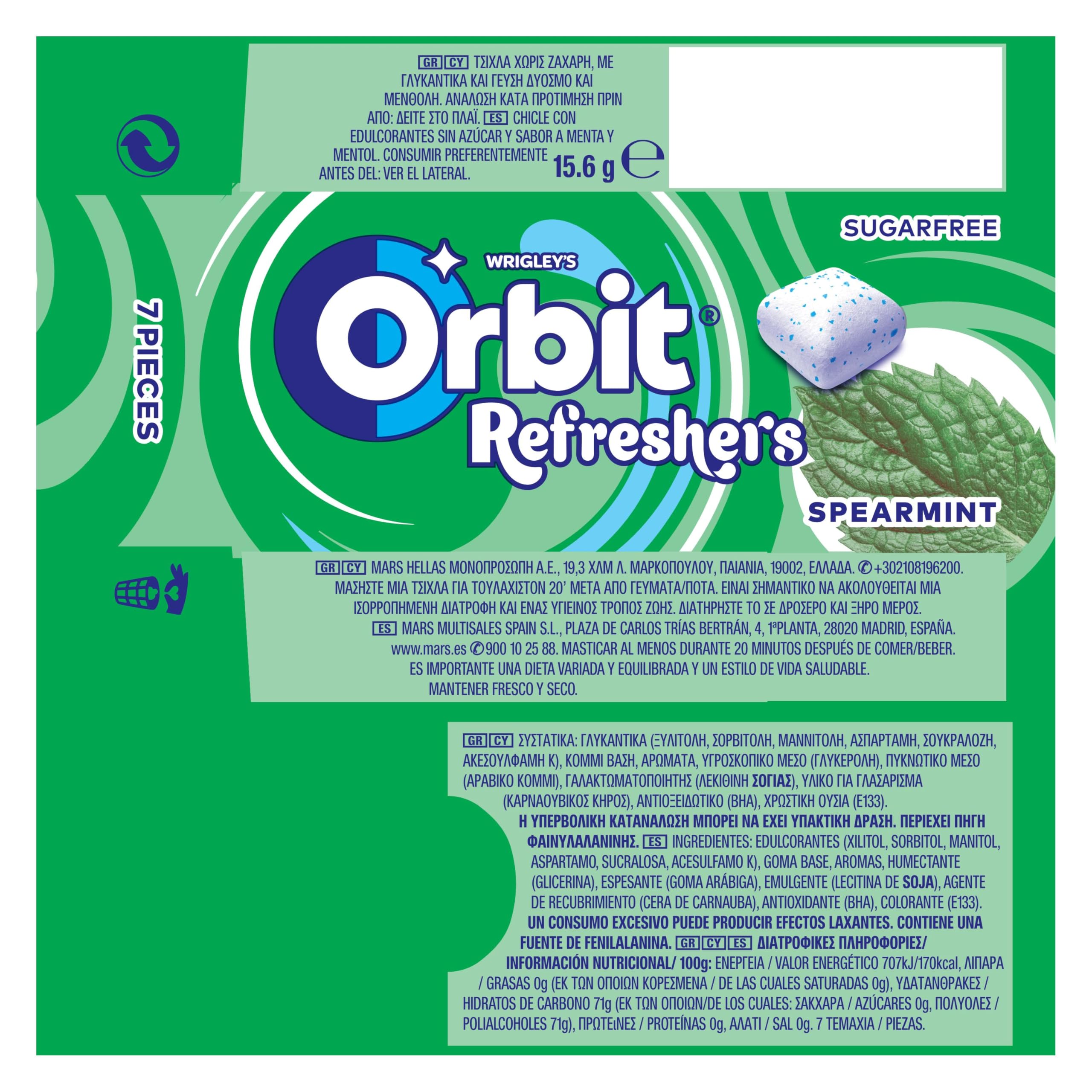 Orbit Refreshers Chicles Sin Azúcar Sabor Hierbabuena Pack Bolsillo 16x7