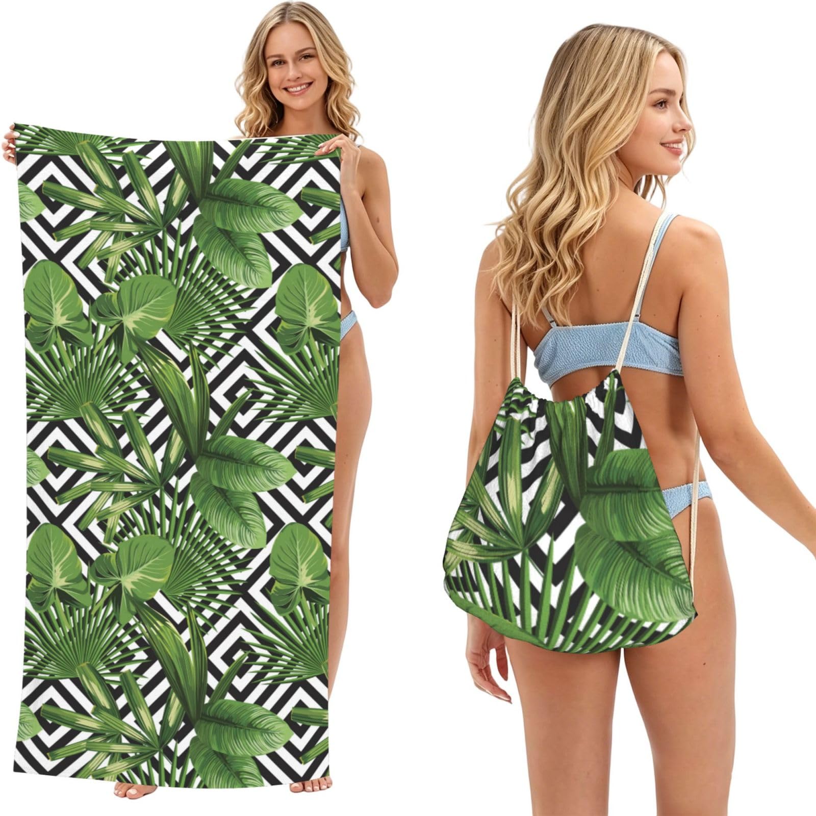 Poadnly As Picture Print Summer Exotic Tropical Plants Tropical Pattern, 2 In 1 Packable Towel Bag, Beach Towels With Drawstring Backpack For Travel Holiday Camping