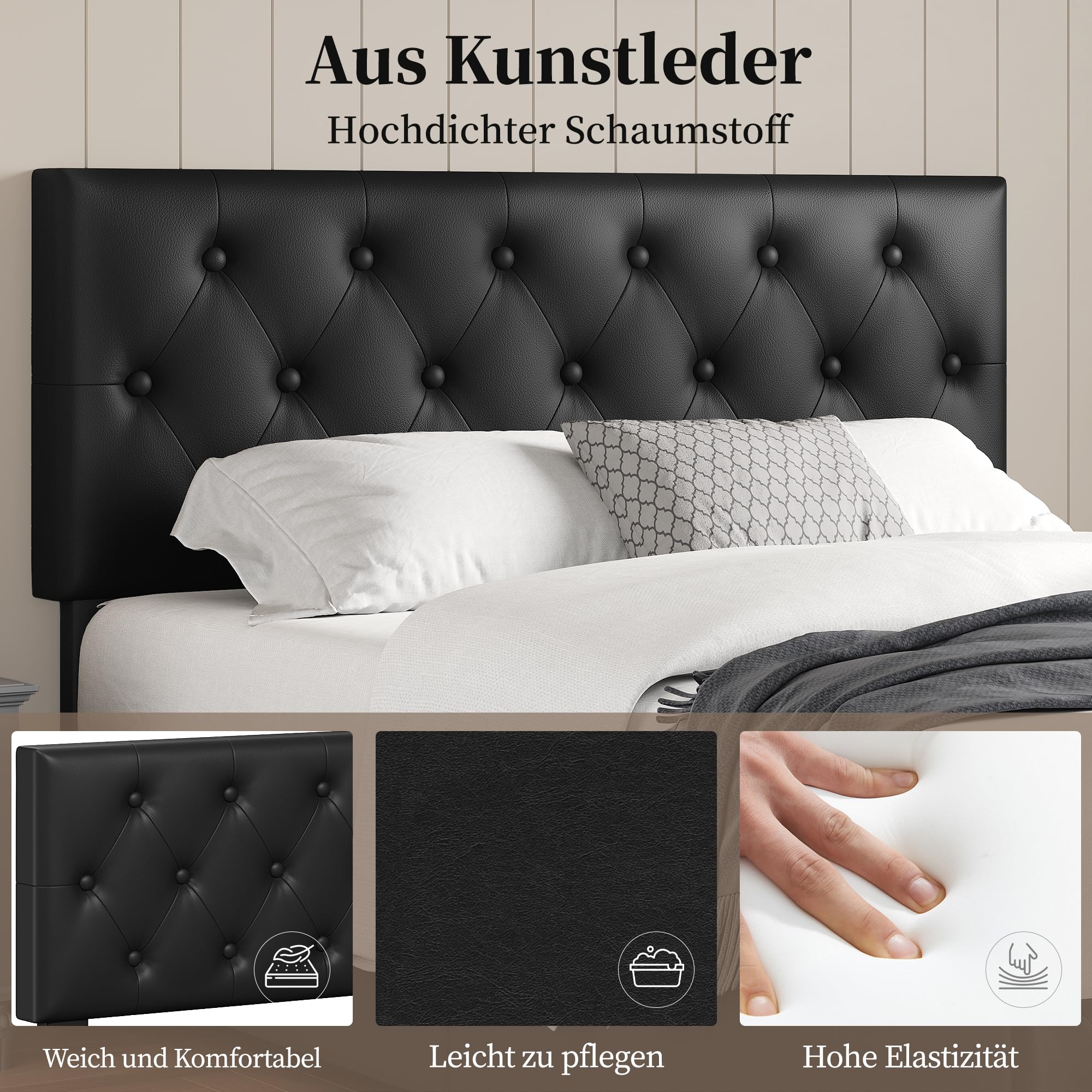 Yaheetech Polsterbett 140 x 200 cm Doppelbett Bettrahmen mit 2 Schubladen | Höhenverstellbares Kopfteil Jugendbett Gepolstertes Bett mit Lattenrost viel Stauraum, Schwarz