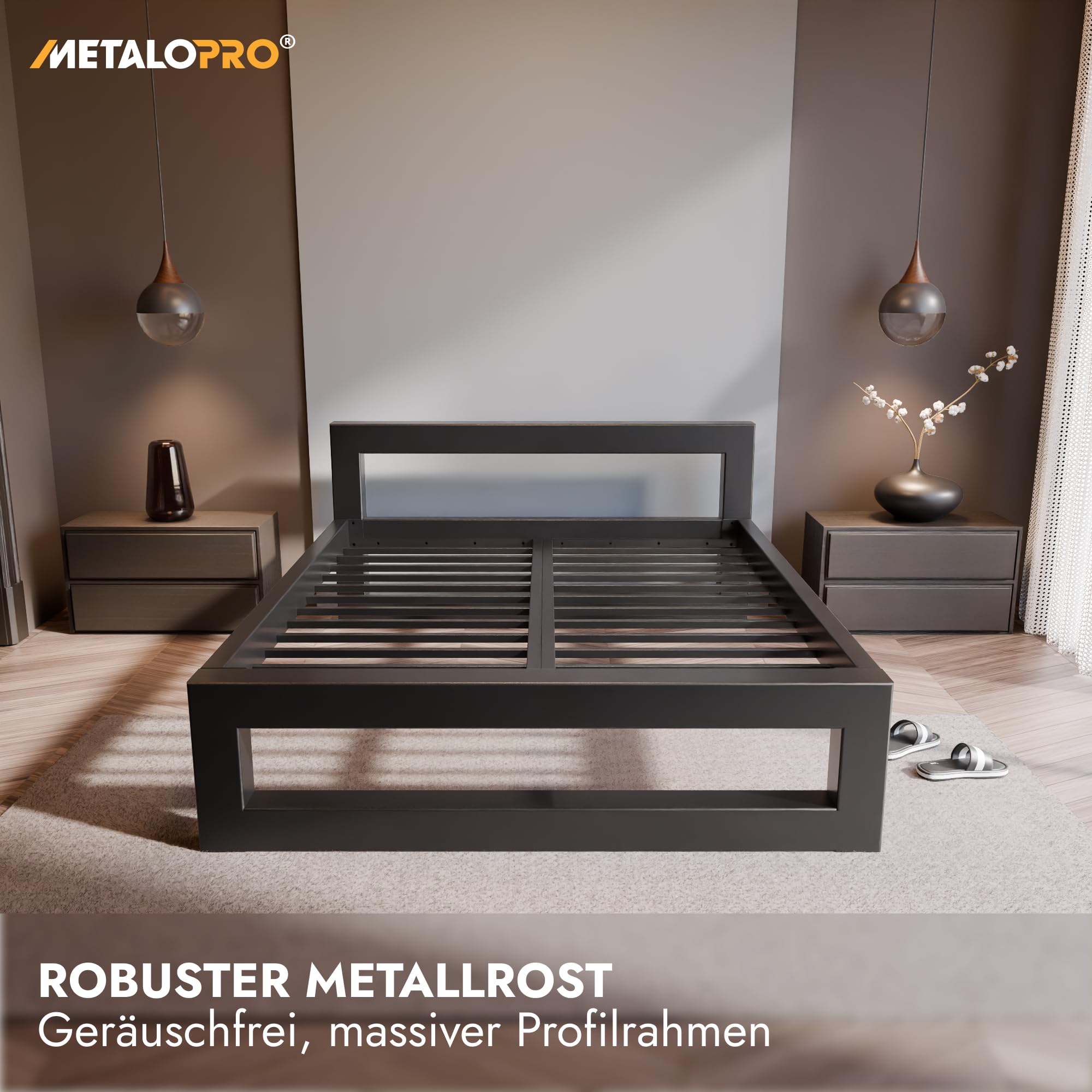 Massives Bettgestell – Metall Bettrahmen bis 1000 kg belastbar, Robuster Metallrost ohne Quietschen, Viel Stauraum, Schnelle Montage <15 Min, Modernes Design – 180x200 cm