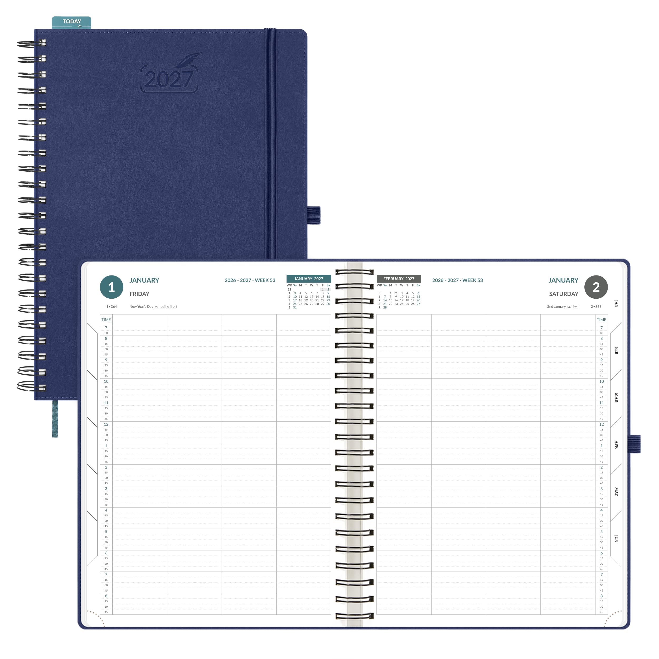BEZEND A4 Diary 2027 Day per Page Spiral 4-Column Layout & 15-Min Intervals