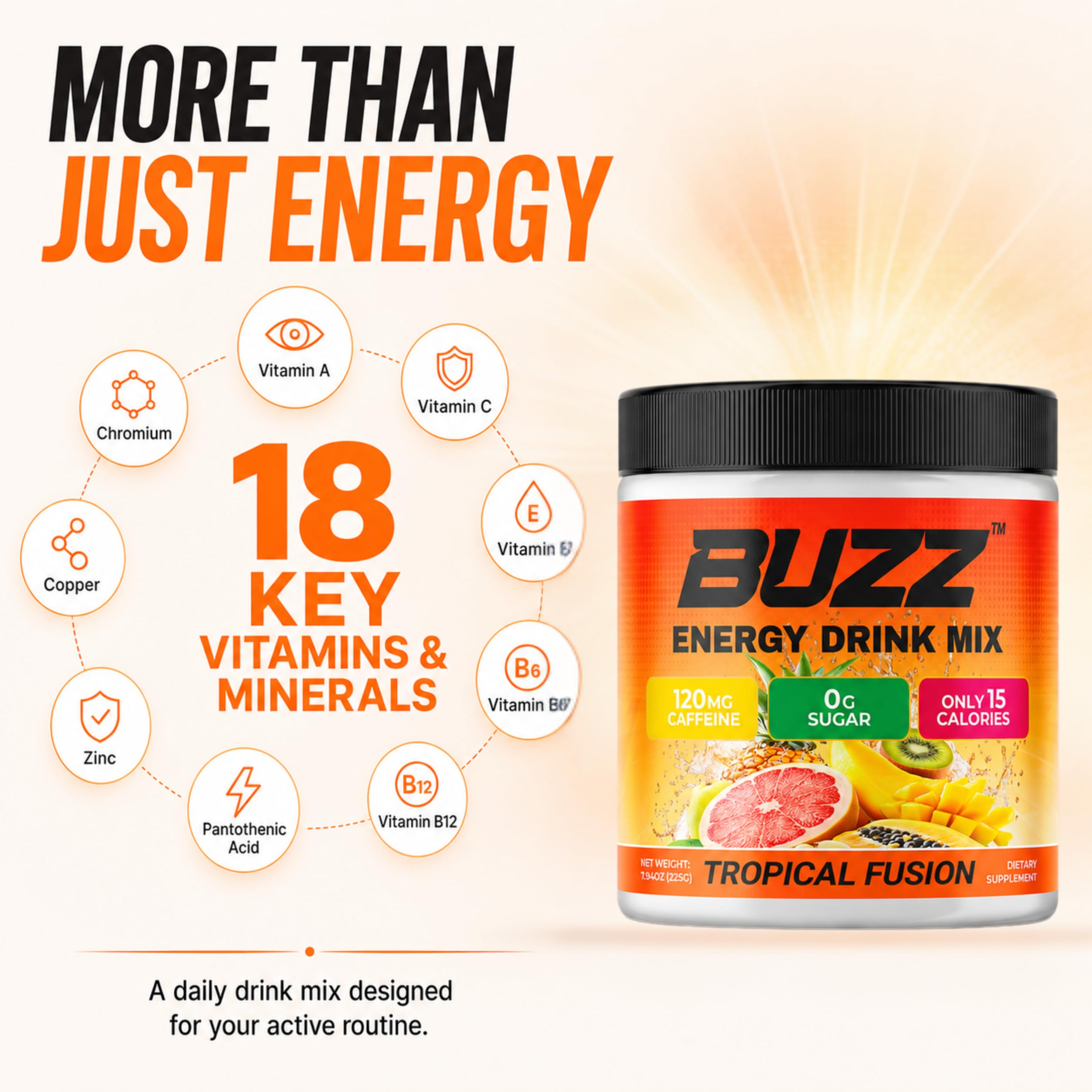 Sugar Free Energy Drink Powder - 18 Vit & Minerals, Tropical Fusion Flavor — Amazon image 5