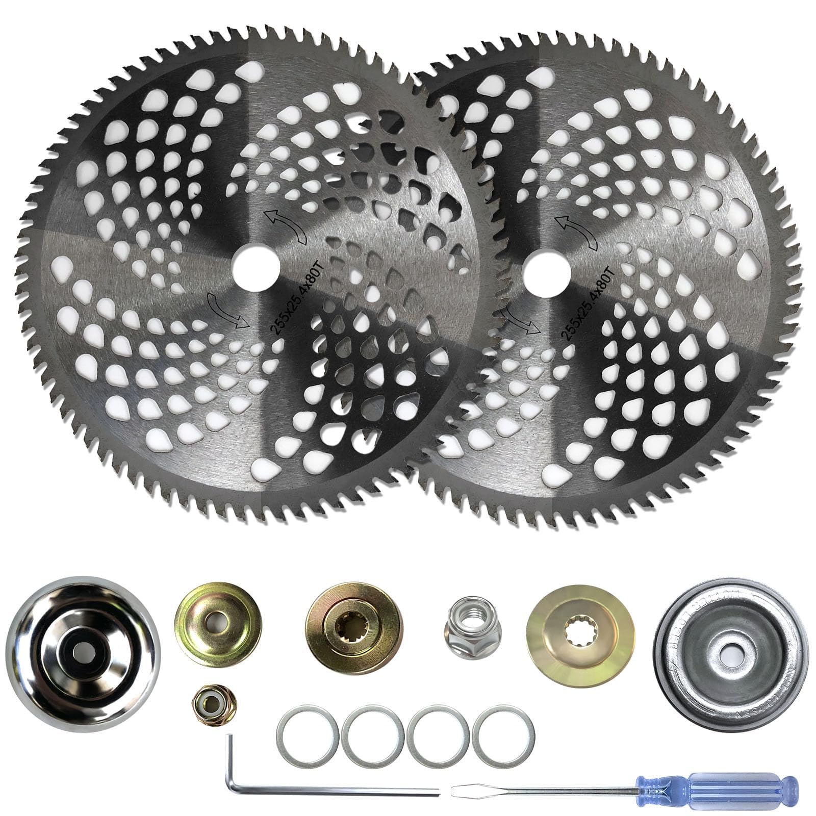 Confezione da 2 lame bianche da 25,4 cm per motosega 80 denti, per taglierina, taglierina, mangia-erbacce, tosaerba (confezione da 2 diversi adattatori inclusi)