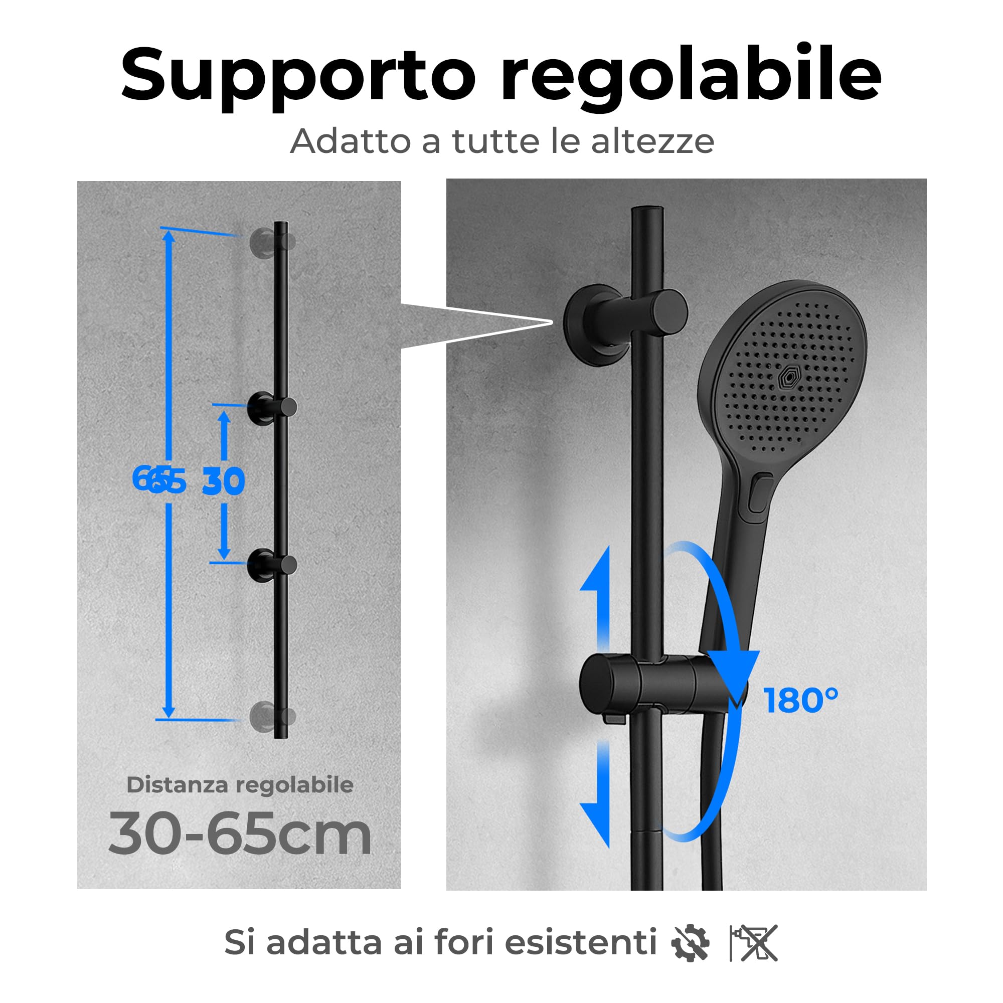 JOHO Colonna Doccia Senza Miscelatore, Asta Doccia Acciaio Inox 70 cm con Supporto Soffione Regolabile, Saliscendi Doccia Adattarsi ai Fori Esistenti con Doccetta 3 Geti, Nero