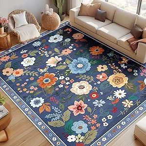 Floral 9x12 Area Rug Machine Washable Soft Print Boho Carpet Non Slip Doormat Low Pile Flower Area Rugs for Living Room Bedroom Nursery Kitchen Dining Room Indoor-Blue/Grey