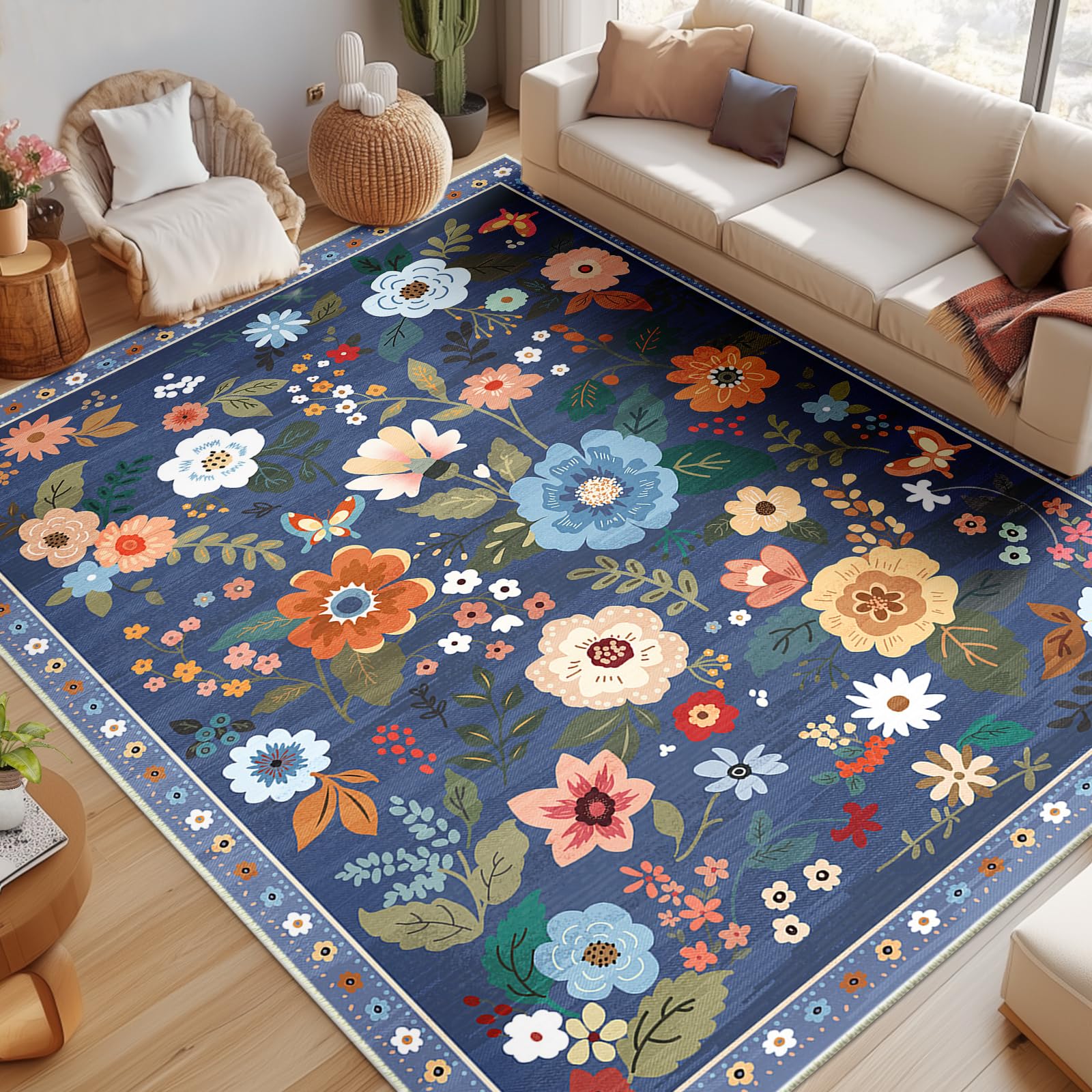 RELEANY Floral Nursery 9x12 Area Rugs Washable Print Boho Cute Carpet Non Slip Flower Low Pile for Living Room Kids Girls Playroom Bedroom Kitchen