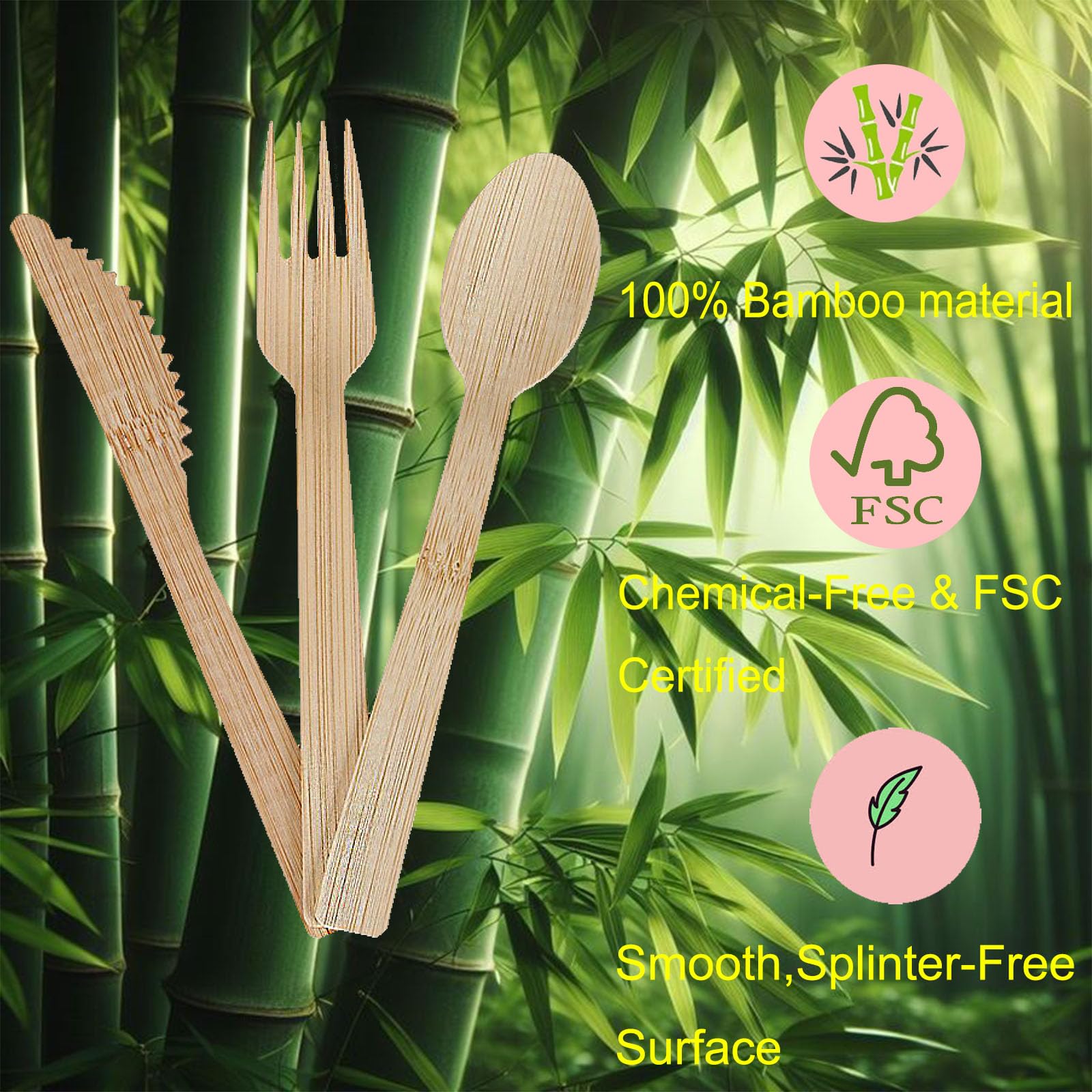 Set de couverts en bambou avec serviettes pré-roulées – Lot de 20 (6,7 pouces, 20 fourchettes, 20 cuillères, 20 couteaux, 20 serviettes) Couverts compostables, couverts jetables emballés
