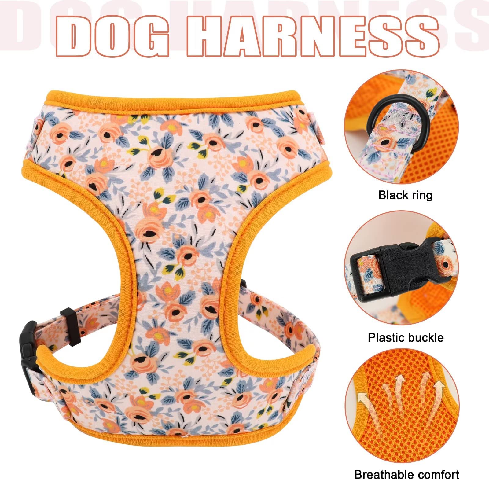 Beirui Bonito juego de collares, arneses y correas para perro, juego de collar y correa ajustable para perro con flor, arnés de malla suave para perros pequeños y medianos (naranja, M)