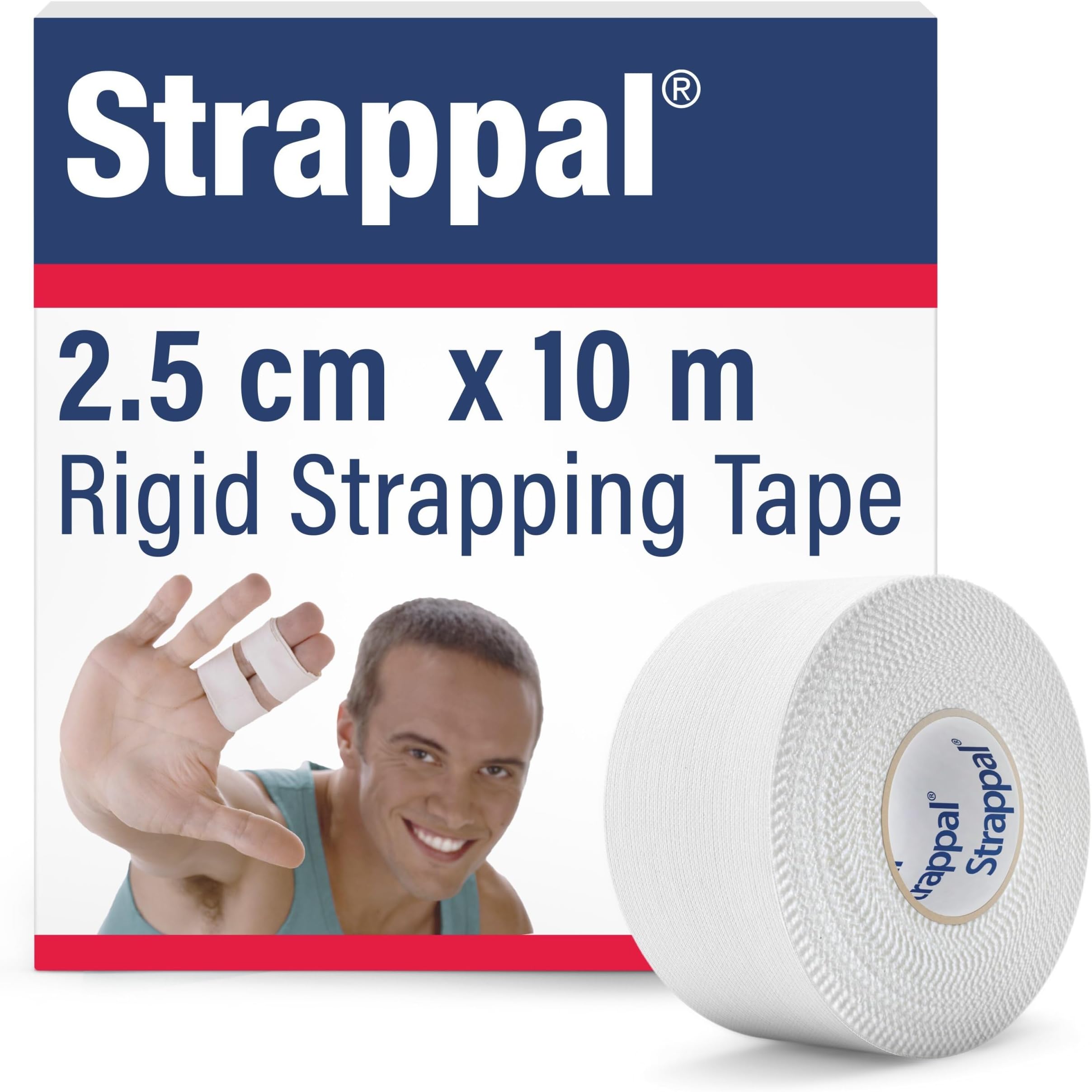 Strappal Rigid Medical Tape for Sports Injuries Treatment and Prevention - Strong Skin Adhesion - Latex Free - 2.5cm x 10m, White, 1 Roll