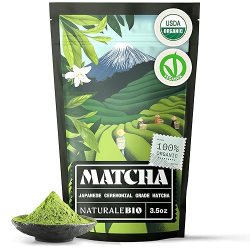 NaturaleBio Polvo de matcha de grado ceremonial, 3.5 onzas, polvo de matcha orgánico para ceremonia tradicional del té japonesa. Té verde orgánico