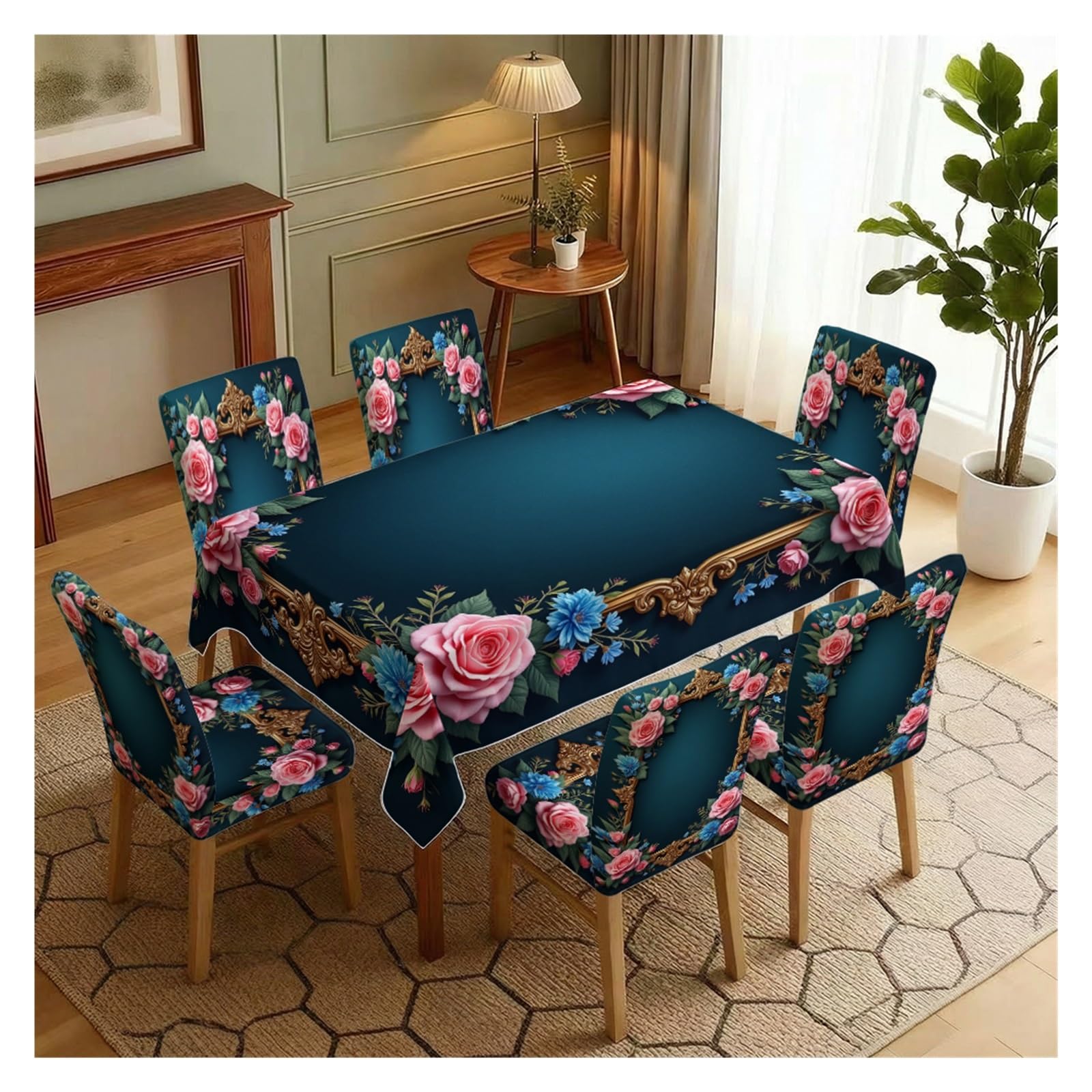 KXUAUV Gothic Retro Baroque Floral Print Stretch Chair Covers & Tablecloth Set, For Wedding Banquet Dining Room Home Decor, 5/7 Pack Party Decor(7pcs Set: Tablecloth+Chair Covers)