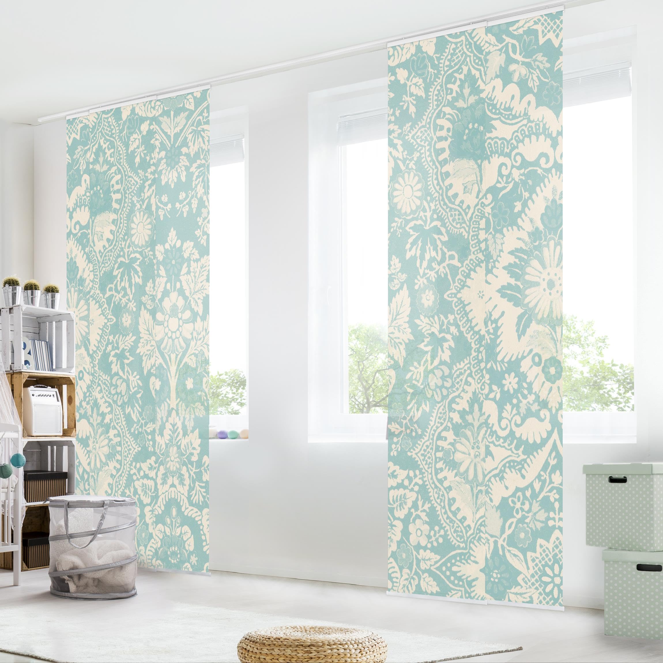 Schiebegardine halbtransparent 60er Paneel Klett Muster Textil lichtdurchlässig - Ornamente Landhaus Flächenvorhang türkis Wohnzimmer Schlafzimmer 2475 (300x250 cm - 5er Set)