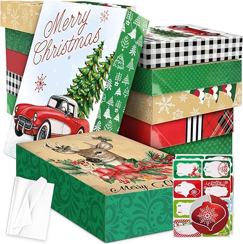 12 cajas de regalo de Navidad extra grandes a granel con tapas, 12 papel de seda y 80 calcomanías de regalo de Navidad para envolver ropa de gran