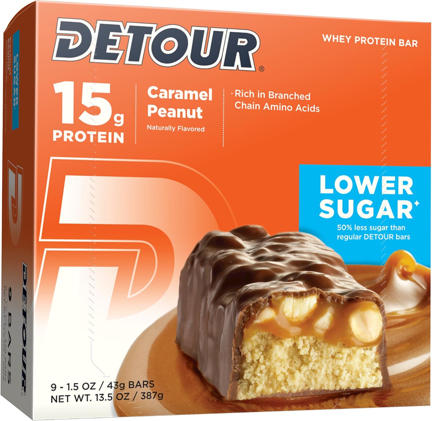 Detour Lower Sugar Whey Protein Bar, Caramel Peanut, 1.5 Ounce (Pack of 9)