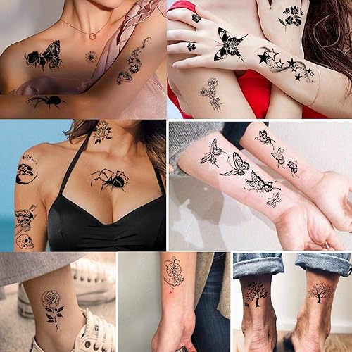 Miniatura 4 de Yazhiji Tatuajes temporales impermeables - 60 hojas de tatuajes falsos, flores, coronas, estrellas, animales, mariposa, colección de tatuajes para