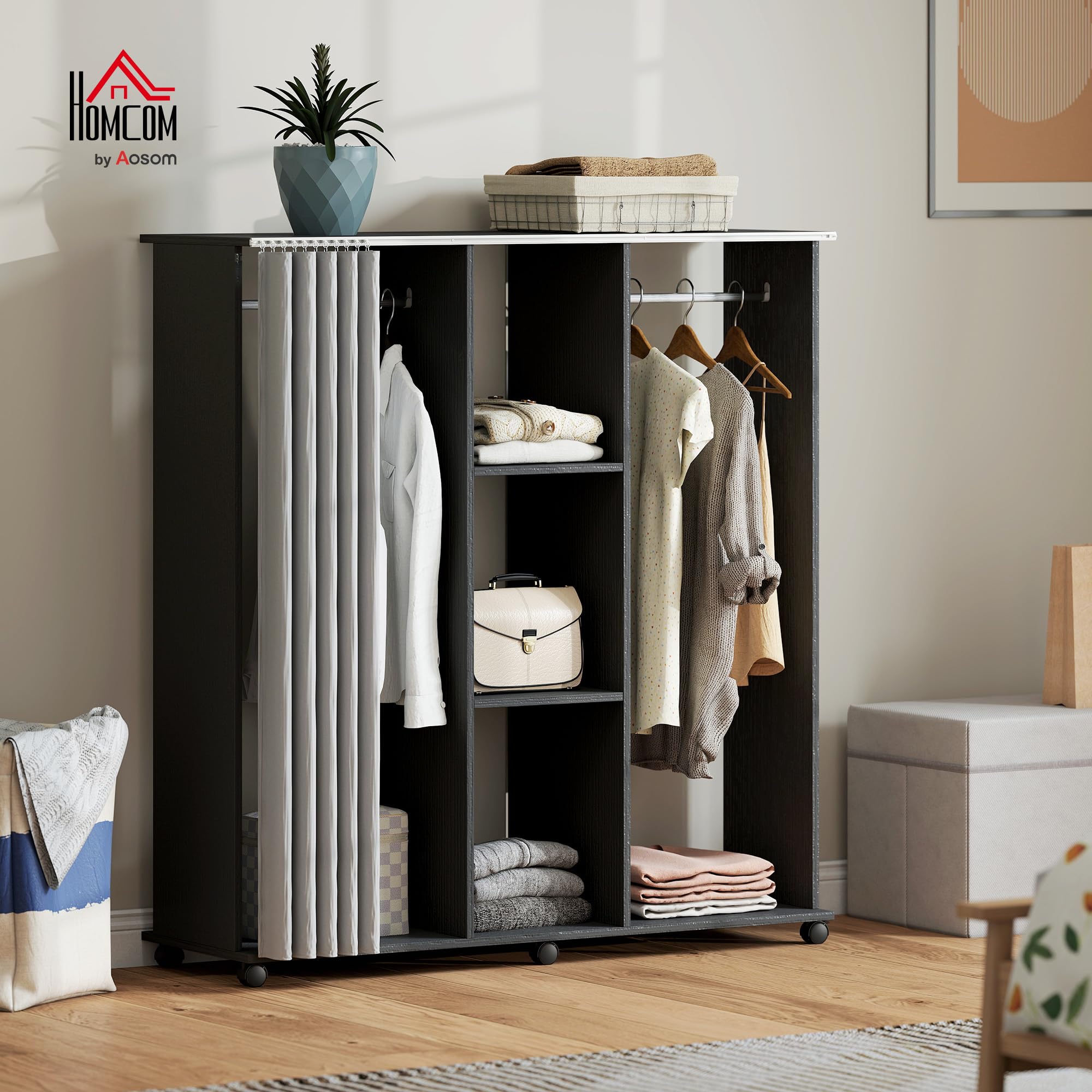 HOMCOM Armoire Penderie Mobile 6 roulettes 120x40x128cm Noir | Meuble de Rangement en Bois