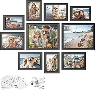 SONGMICS Picture Frames with 16 Mats, Set of 10, Photo Frames with Two 8x10, Four 5x7, Four 4x6 Frames, Hanging or Tabletop Display, MDF and Glass, 12 Non-Trace Nails, Ash Black RPF049B01