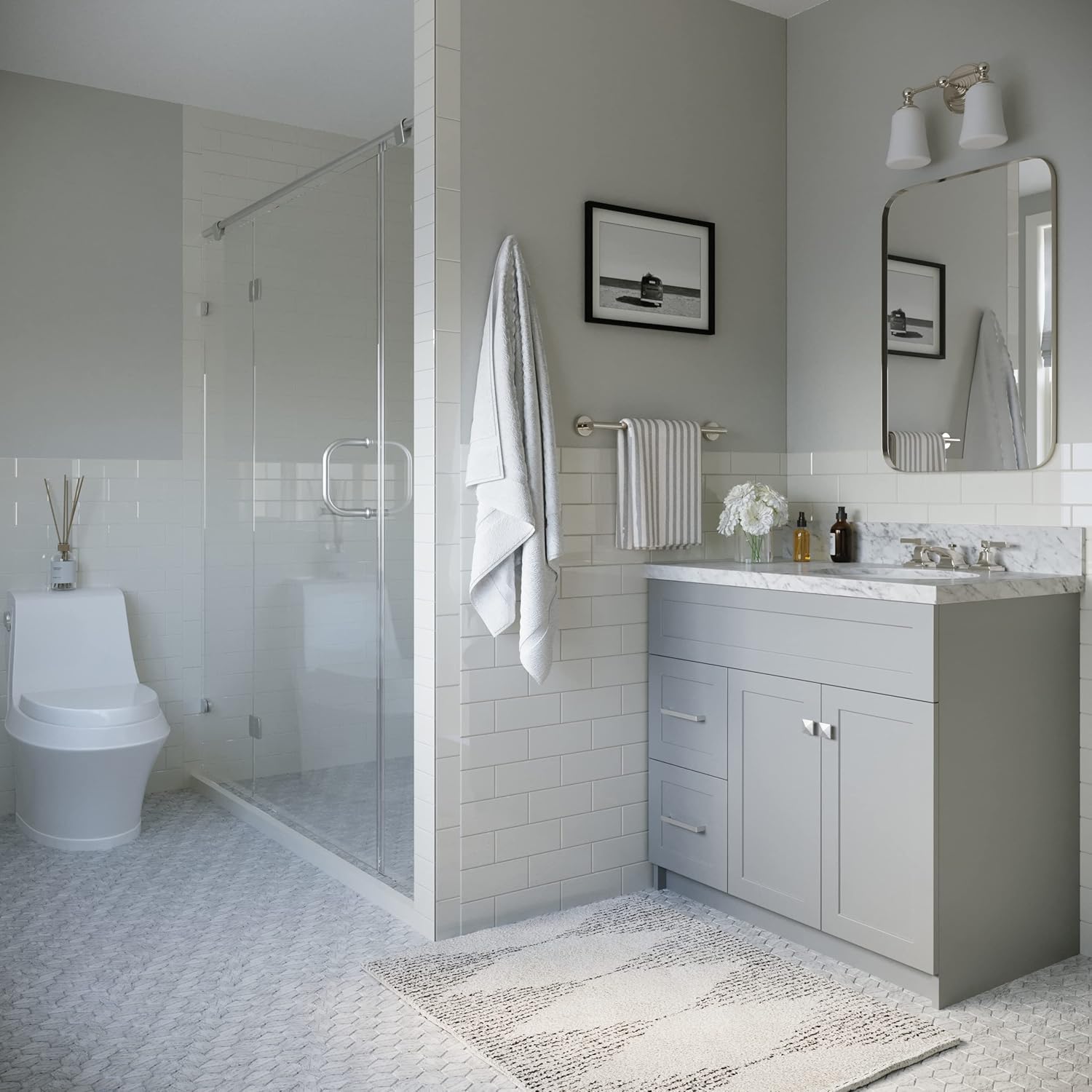 ARIEL Hamlet 36-inch Bathroom Vanity with Sink,Solid Wood, 0.75-inch Italian Carrara Marble Countertop & Backsplash, Single Rectangular Sink, 2 Soft Closing Doors, 2 Dovetail Drawers, Grey