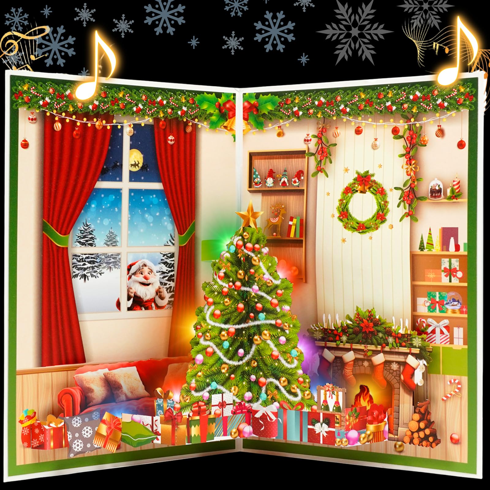 APOTODITO Tarjetas de Navidad musicales 3D, tarjeta desplegable con música y luz, tarjeta de felicitación desplegable de Feliz Navidad para familiares, amigos, niños en vacaciones de Año Nuevo